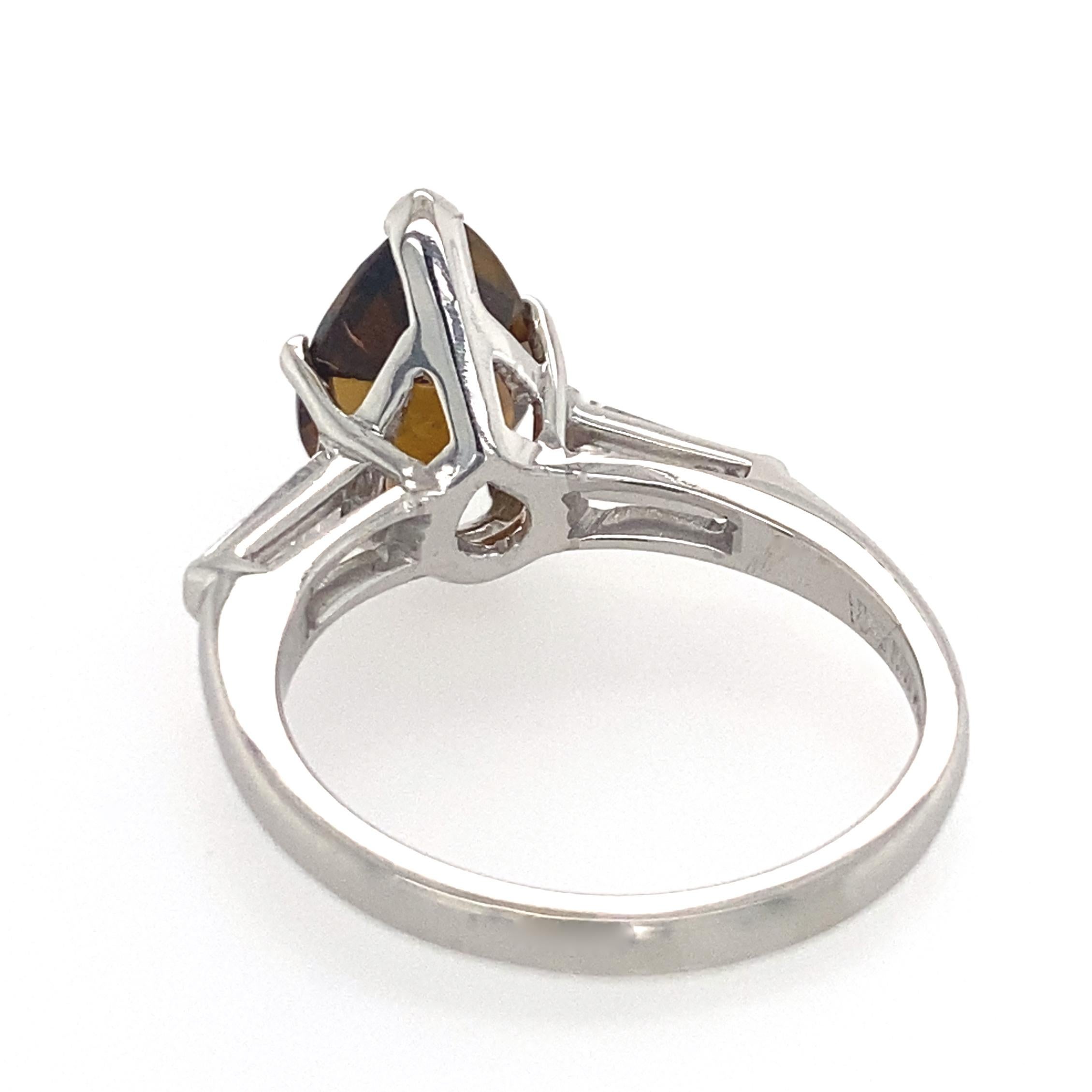 Women's Platinum 3-Stone Ring with Long Diamond Baguettes & Brown Tourmaline Pear