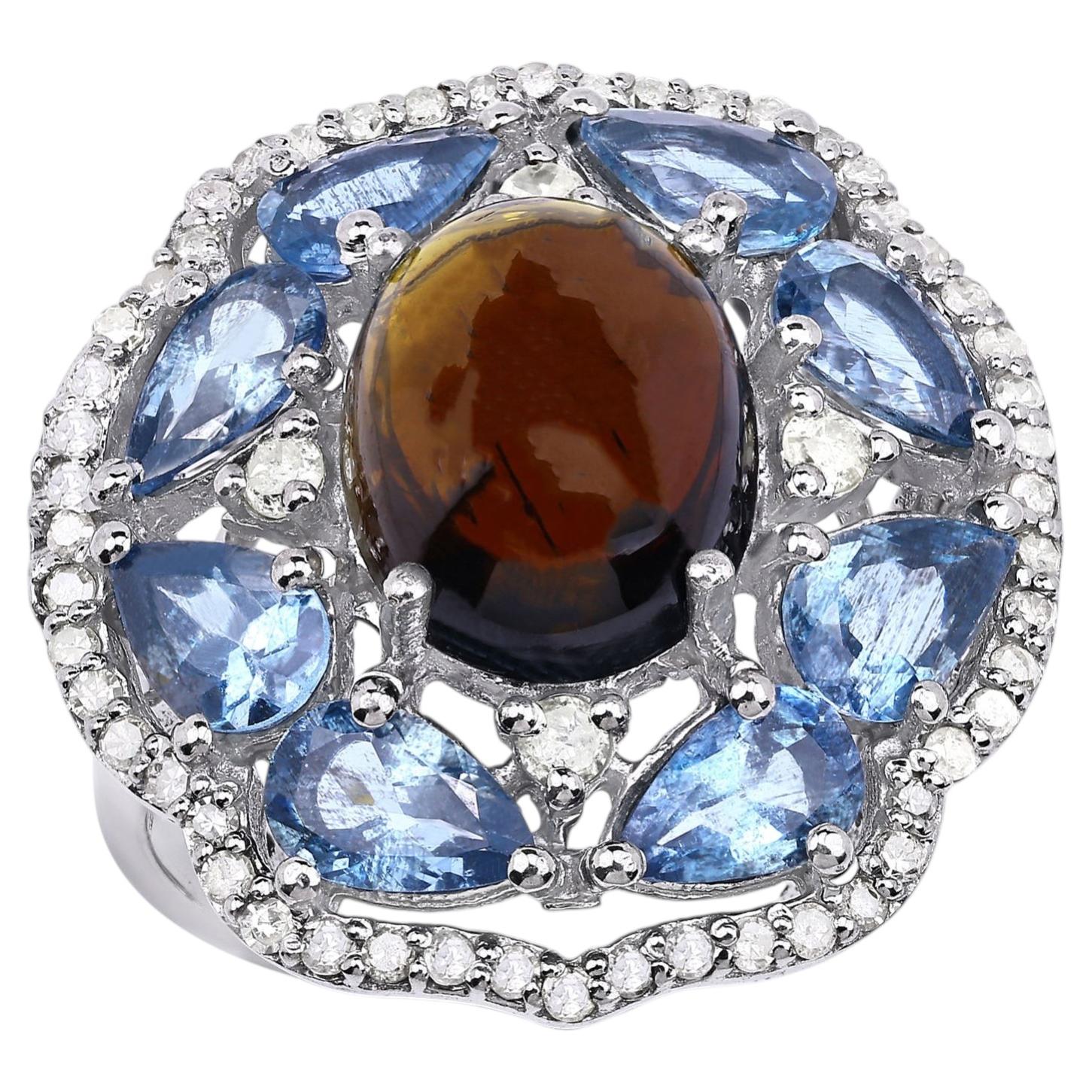 Brown Tourmaline Ring With Aquamarine 6.34 Carats Sterling Silver For Sale