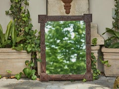 Brown Tramp Art French Folk Mirror with Protruding Corners, Turn of the Century