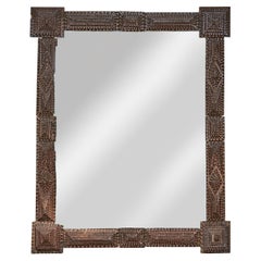 Brown Tramp Art French Folk Mirror with Protruding Corners, Turn of the Century