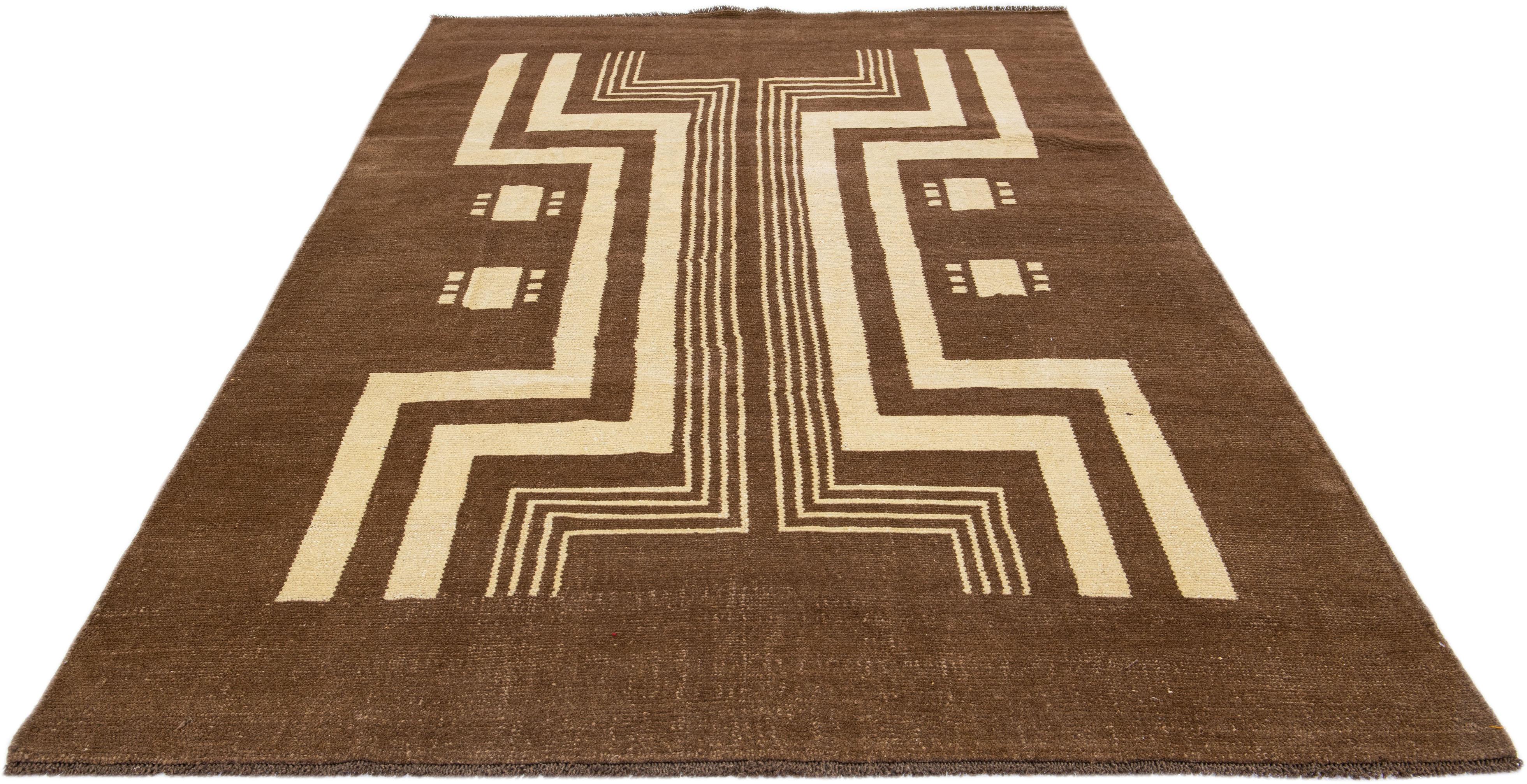 Modern Brown Transitional Art Deco Handmade Wool Rug with Tribal Design by Apadana For Sale