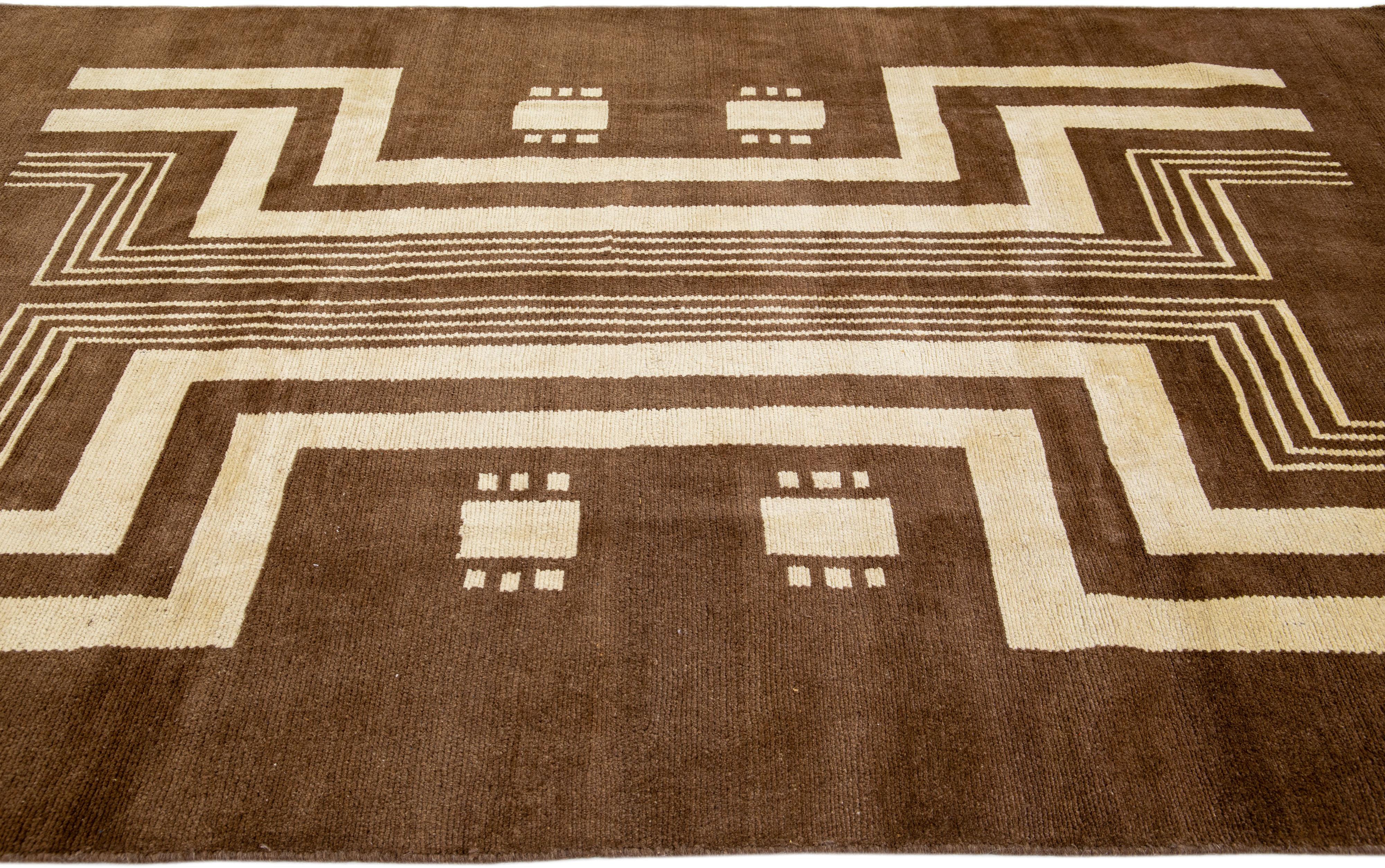 Hand-Knotted Brown Transitional Art Deco Handmade Wool Rug with Tribal Design by Apadana For Sale