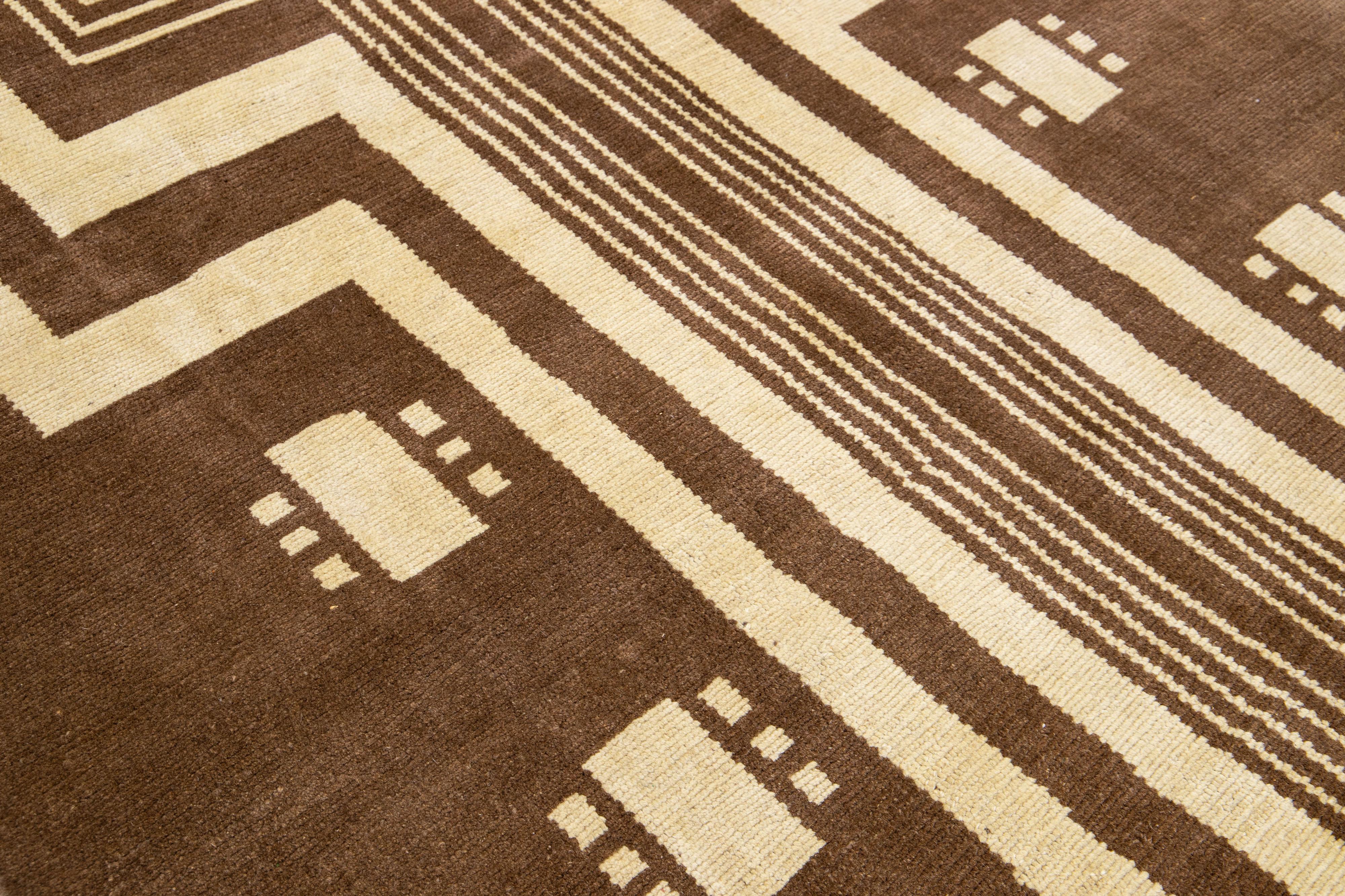 Brown Transitional Art Deco Handmade Wool Rug with Tribal Design by Apadana In New Condition For Sale In Norwalk, CT