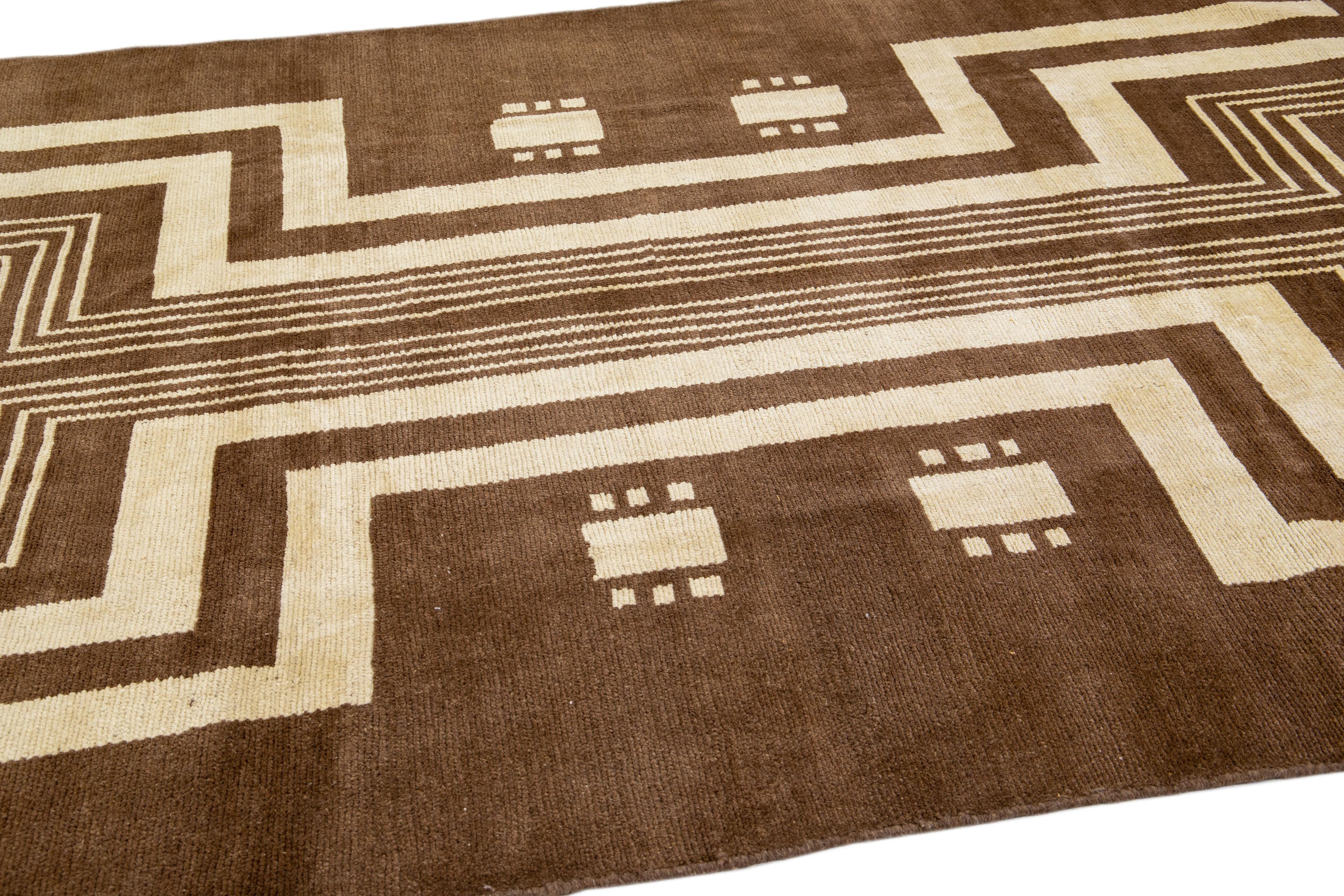 Contemporary Brown Transitional Art Deco Handmade Wool Rug with Tribal Design by Apadana For Sale