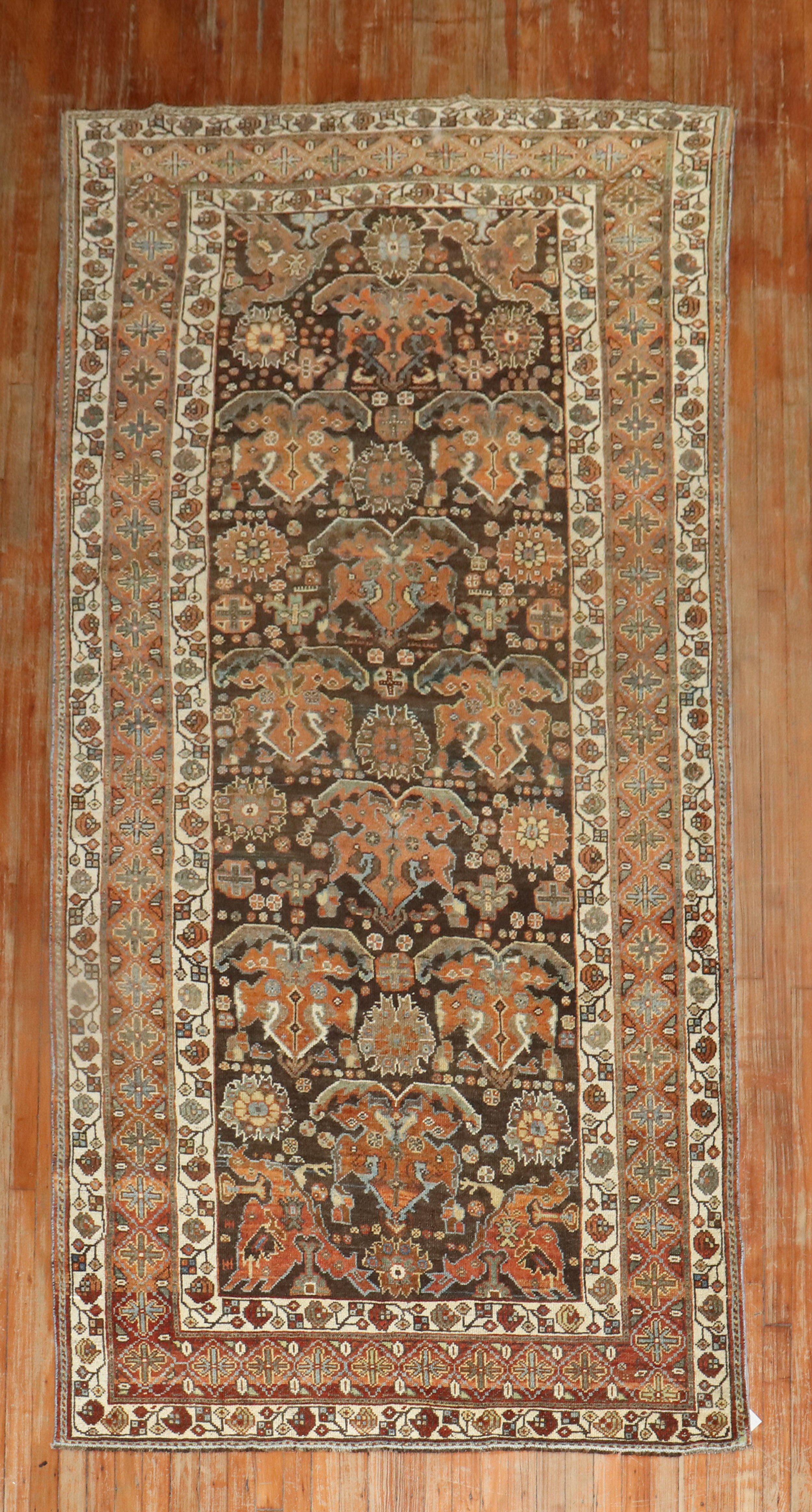 Hand-Knotted Brown Tribal Persian Kurd Rug For Sale