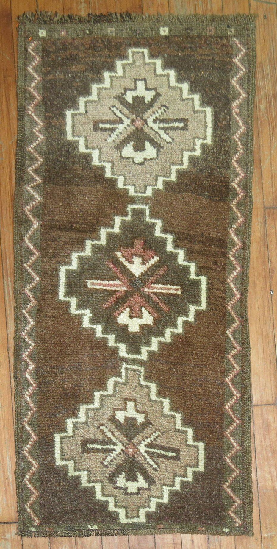 Hand-Knotted Brown Tribal Turkish Anatolian Mini Mat Size Rug