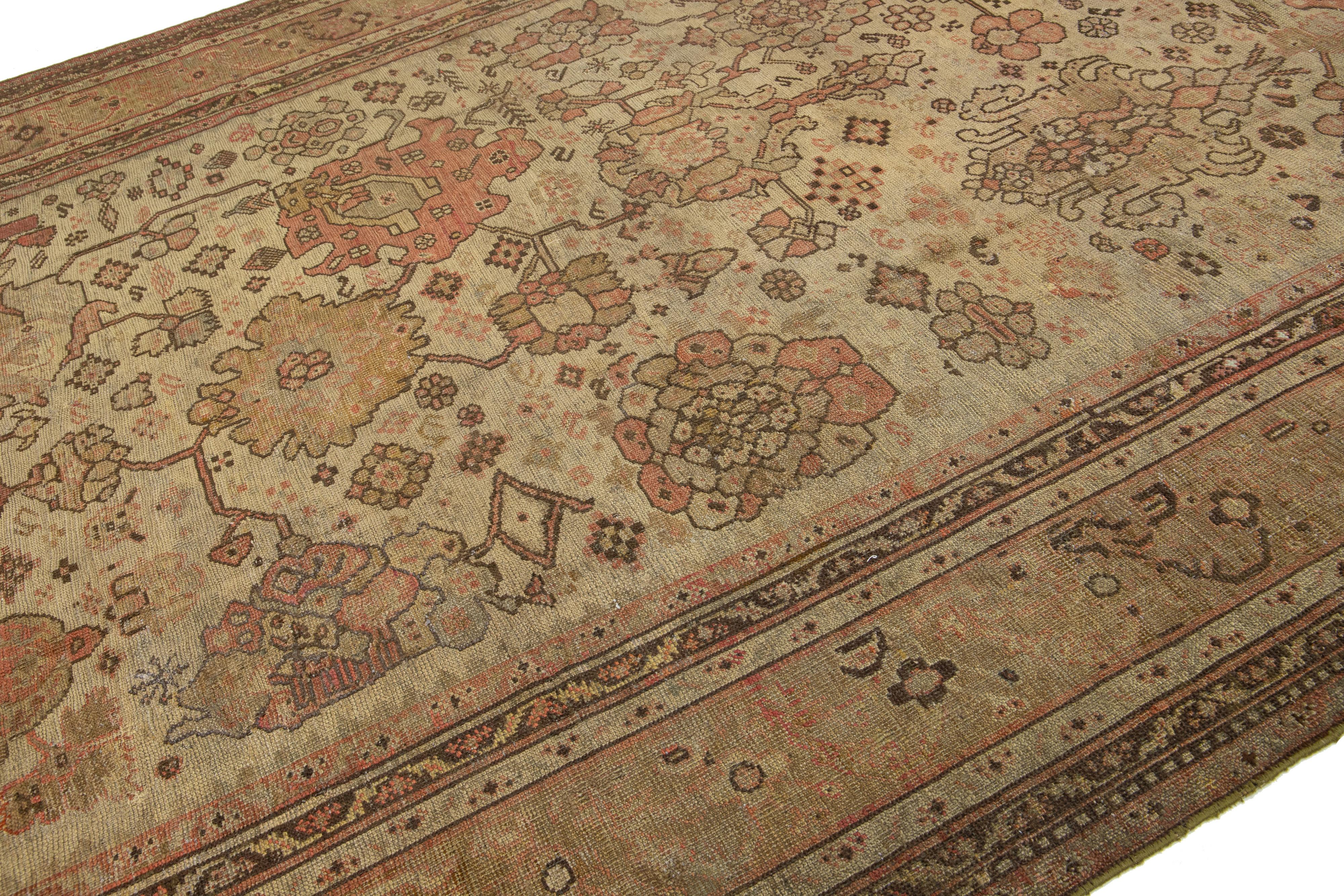 Hand-Knotted Brown Turkish Antique Oushak Wool Rug with Allover Floral Motif From The 1890's For Sale