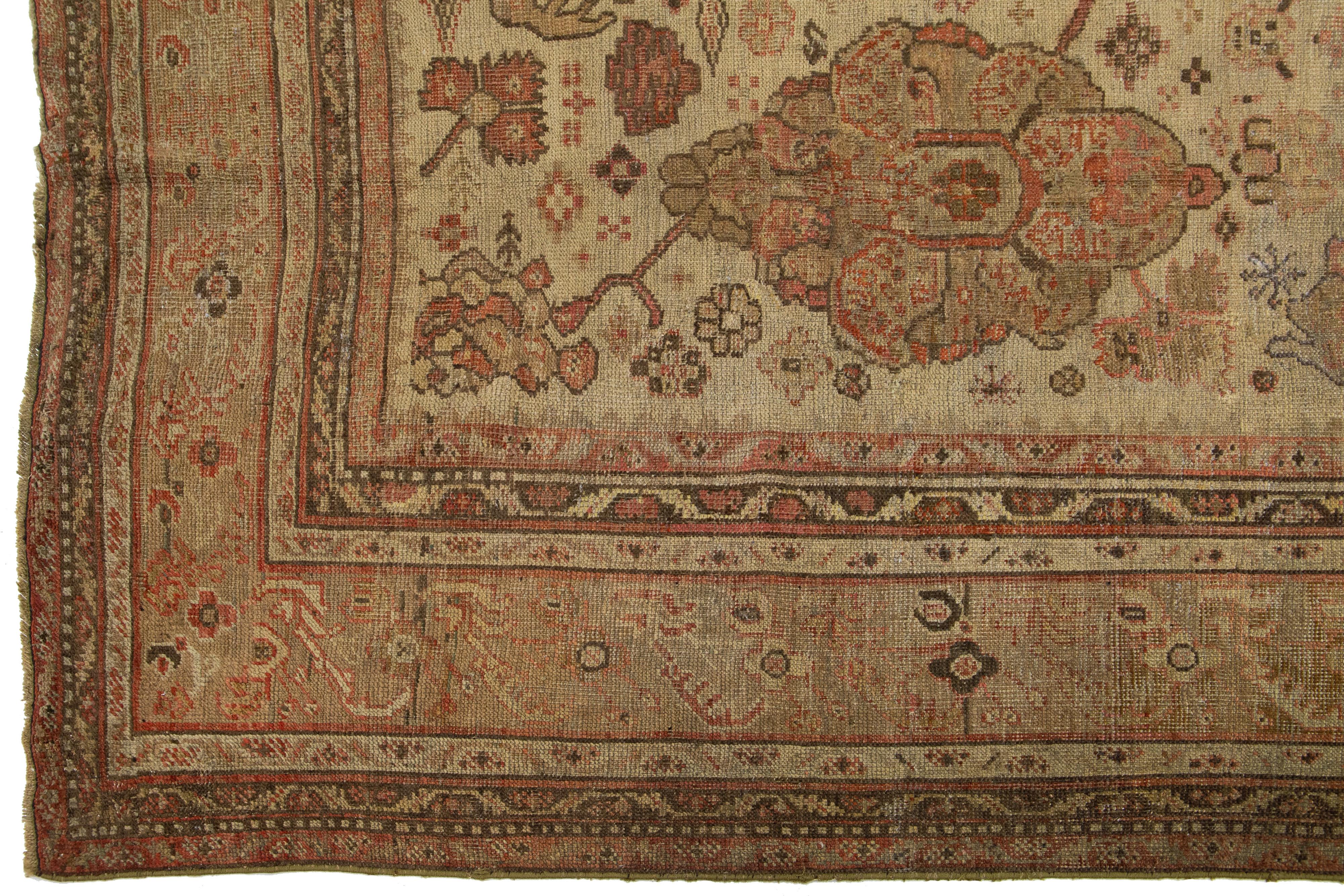 Brown Turkish Antique Oushak Wool Rug with Allover Floral Motif From The 1890's For Sale 1