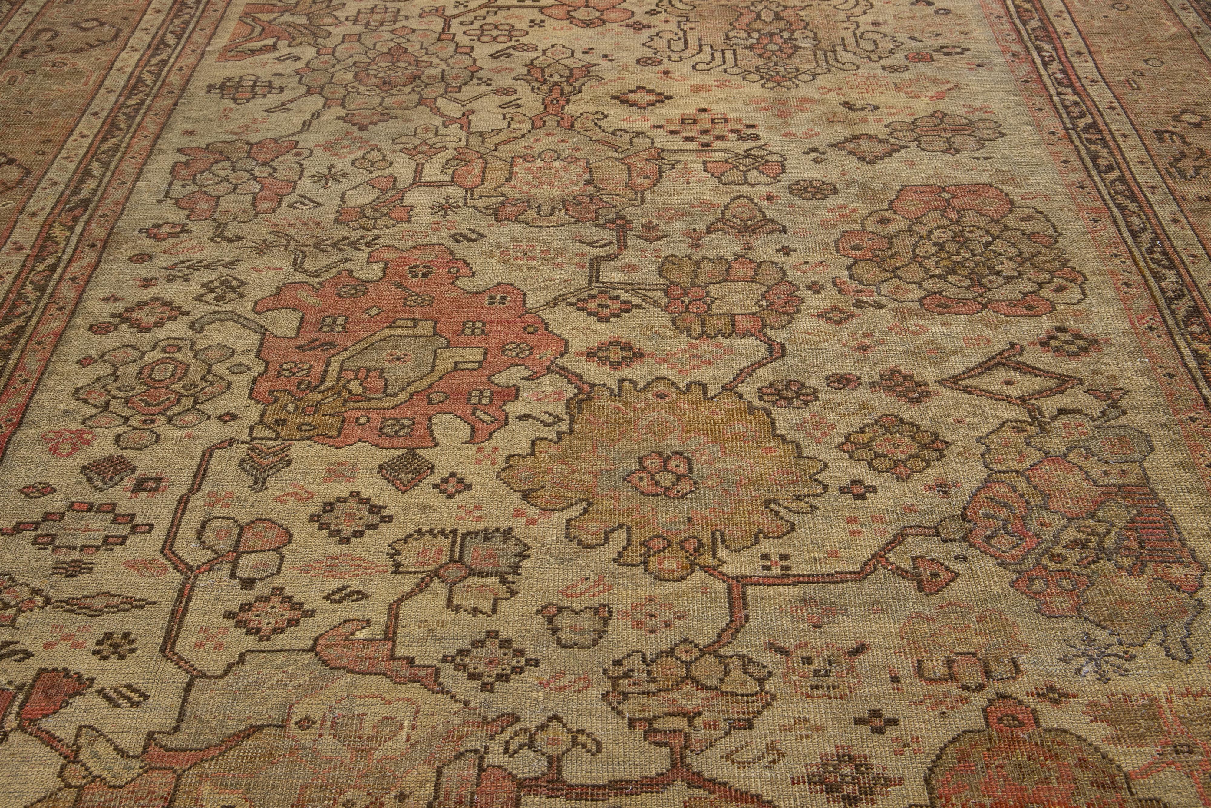 Brown Turkish Antique Oushak Wool Rug with Allover Floral Motif From The 1890's For Sale 2