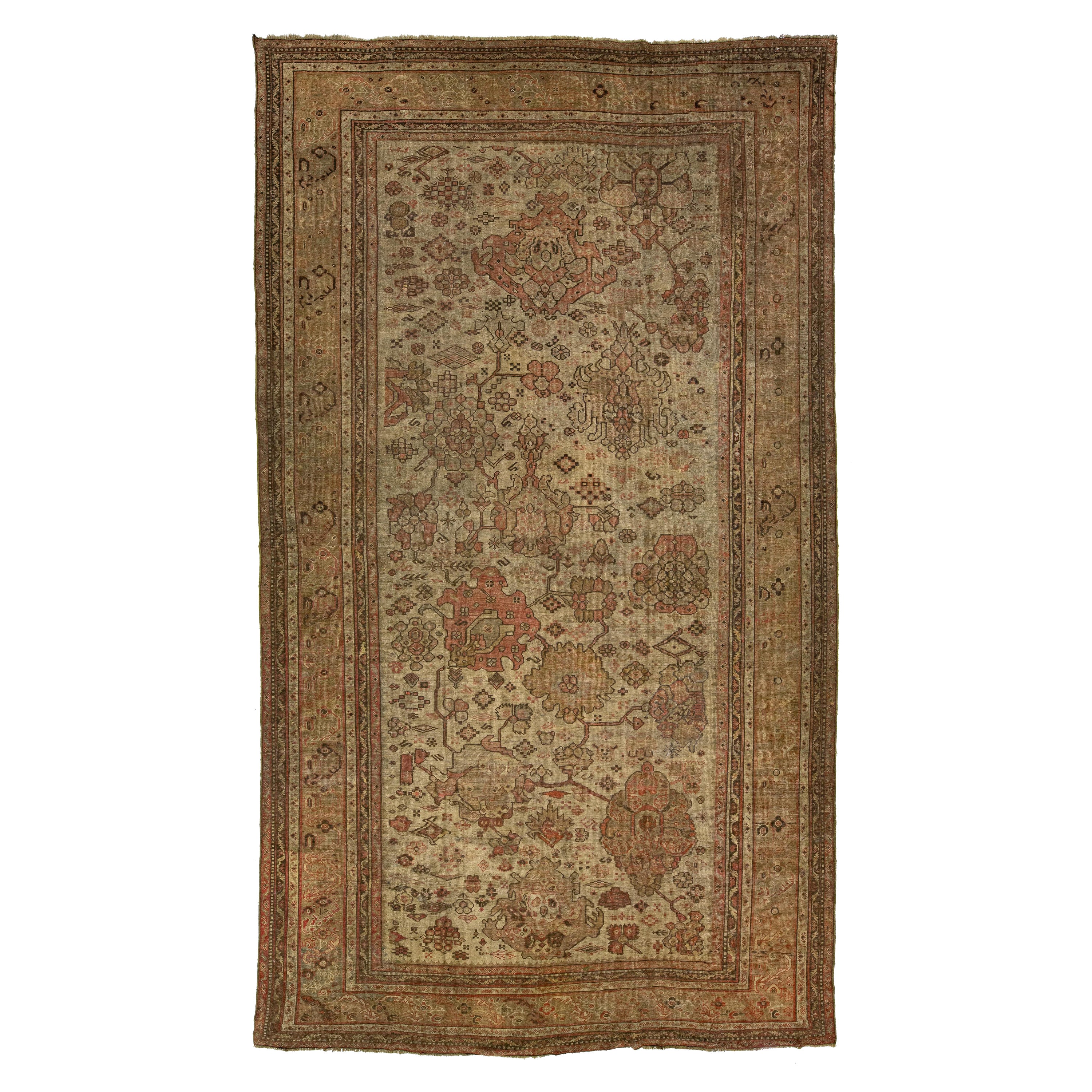 Tappeto turco antico in lana Oushak marrone con motivo floreale a tutto campo del 1890