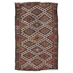 Brown Turkish Cicim Vintage Mini Kilim • Handmade Embroidered Flatweave Rug