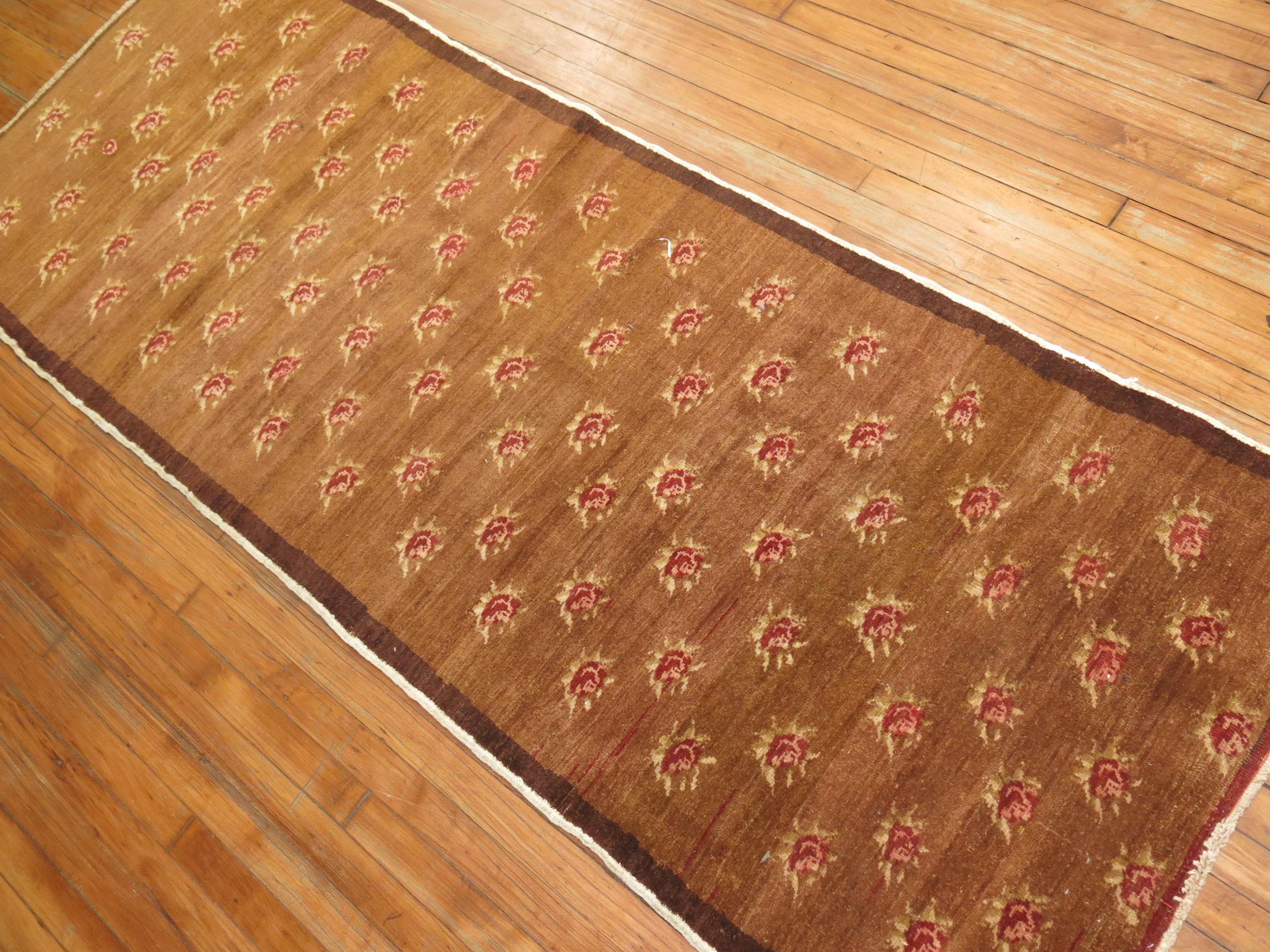 Hand-Knotted Brown Turkish Floral Runner For Sale
