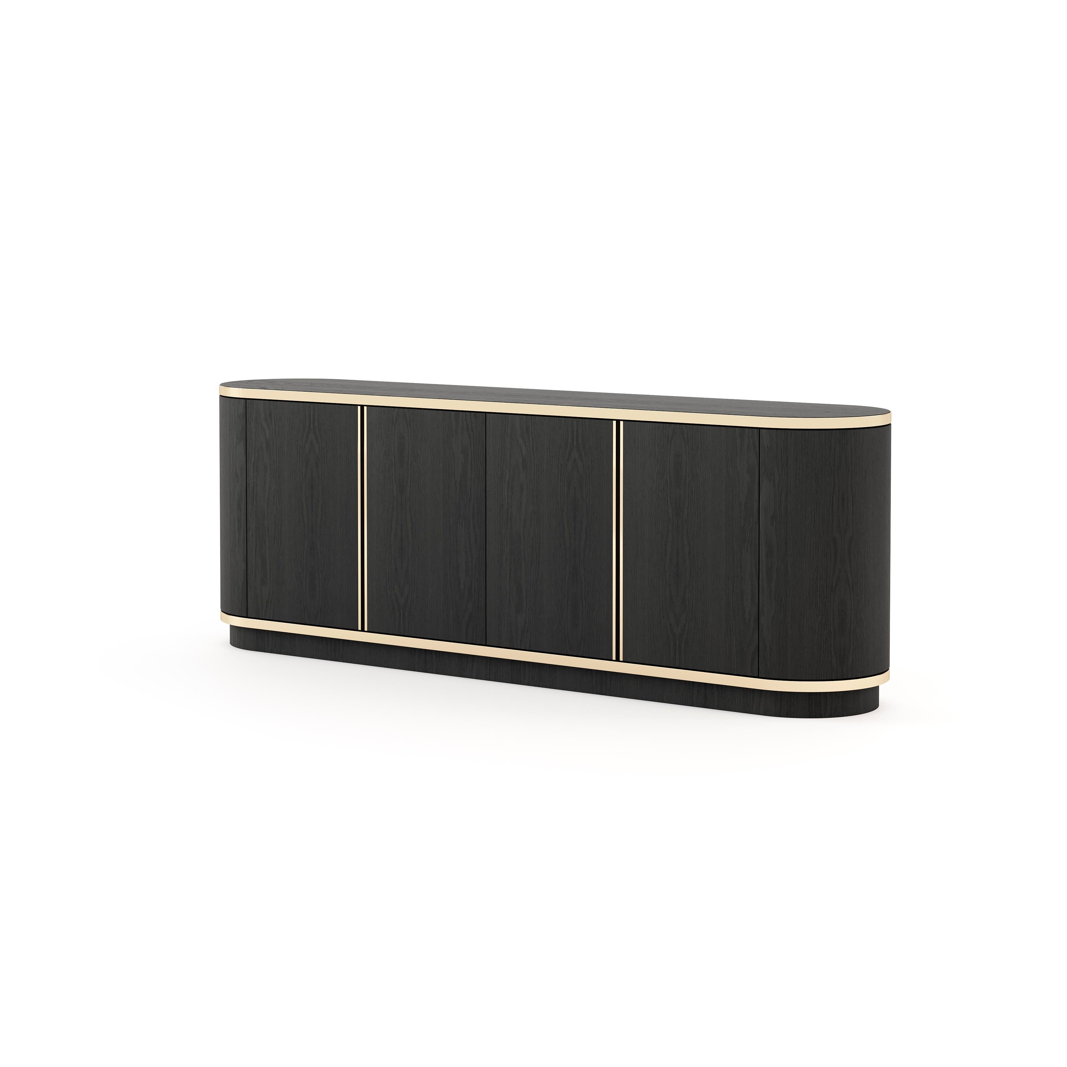 Brown sideboard has an elegant yet refined language, featuring a wood surface and trimmed metallic details. The curved design body creates a modern mid-century piece for any residential or hospitality space. A unique character piece for outstanding