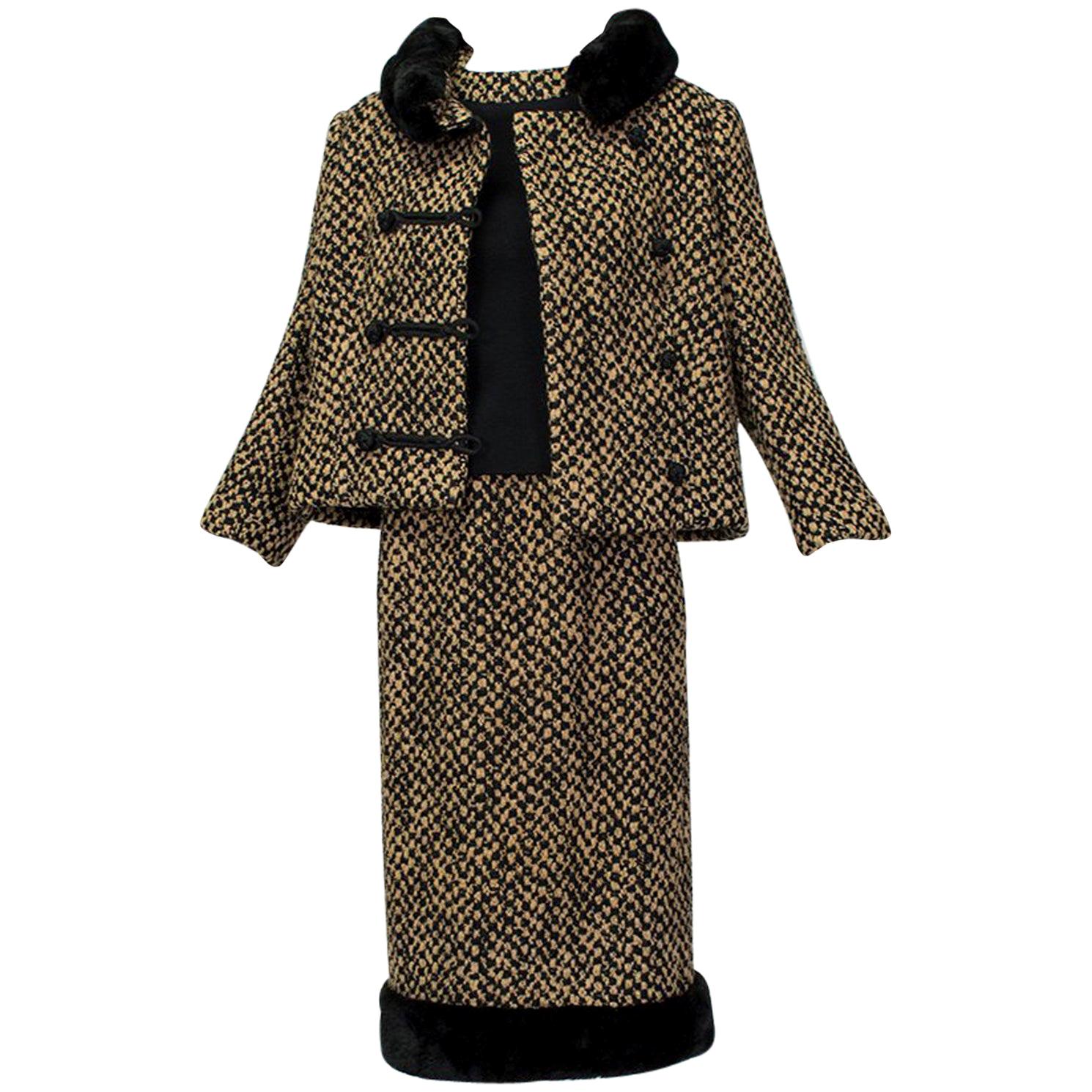 Brown Tweed Sheared Mink Trim Camelot Skirt Suit with Standing Collar- S, 1960s For Sale