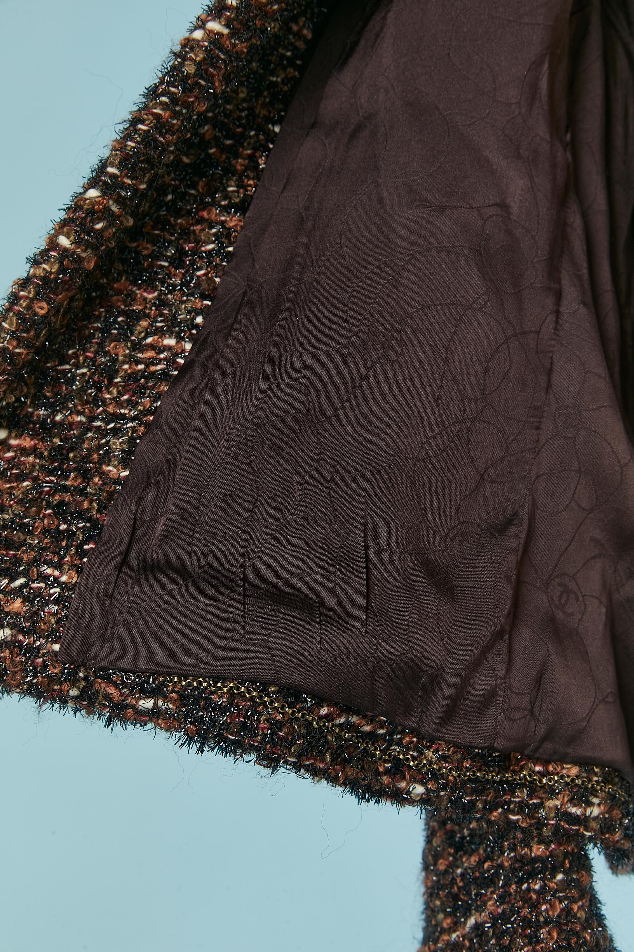 Chaqueta de tweed marrón borde a borde con cuello de lentejuelas CHANEL en venta 5