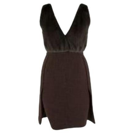brown tweed & mink plunge front dress For Sale