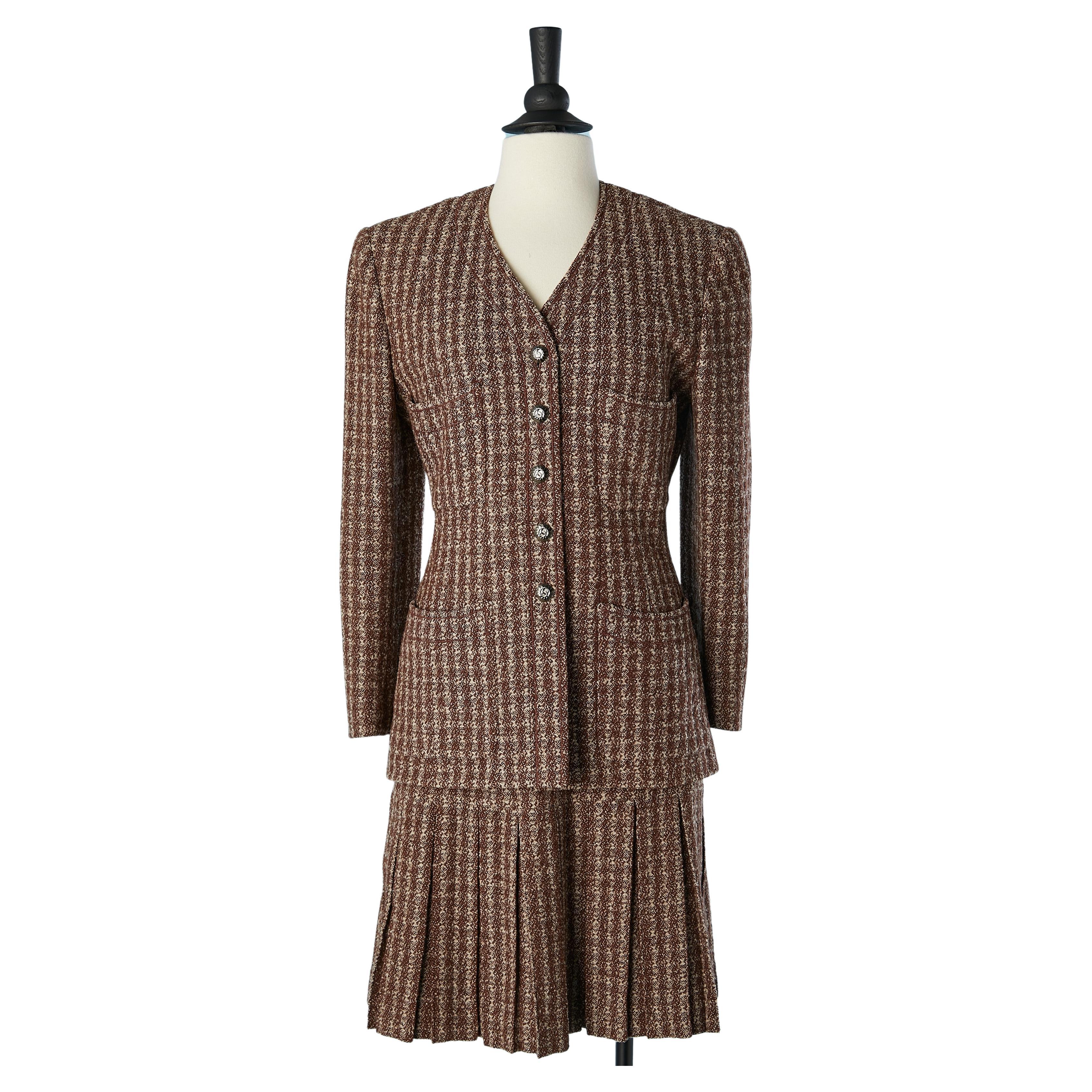 Brown tweed skirt-suit with pleated skirt Chanel Boutique  For Sale