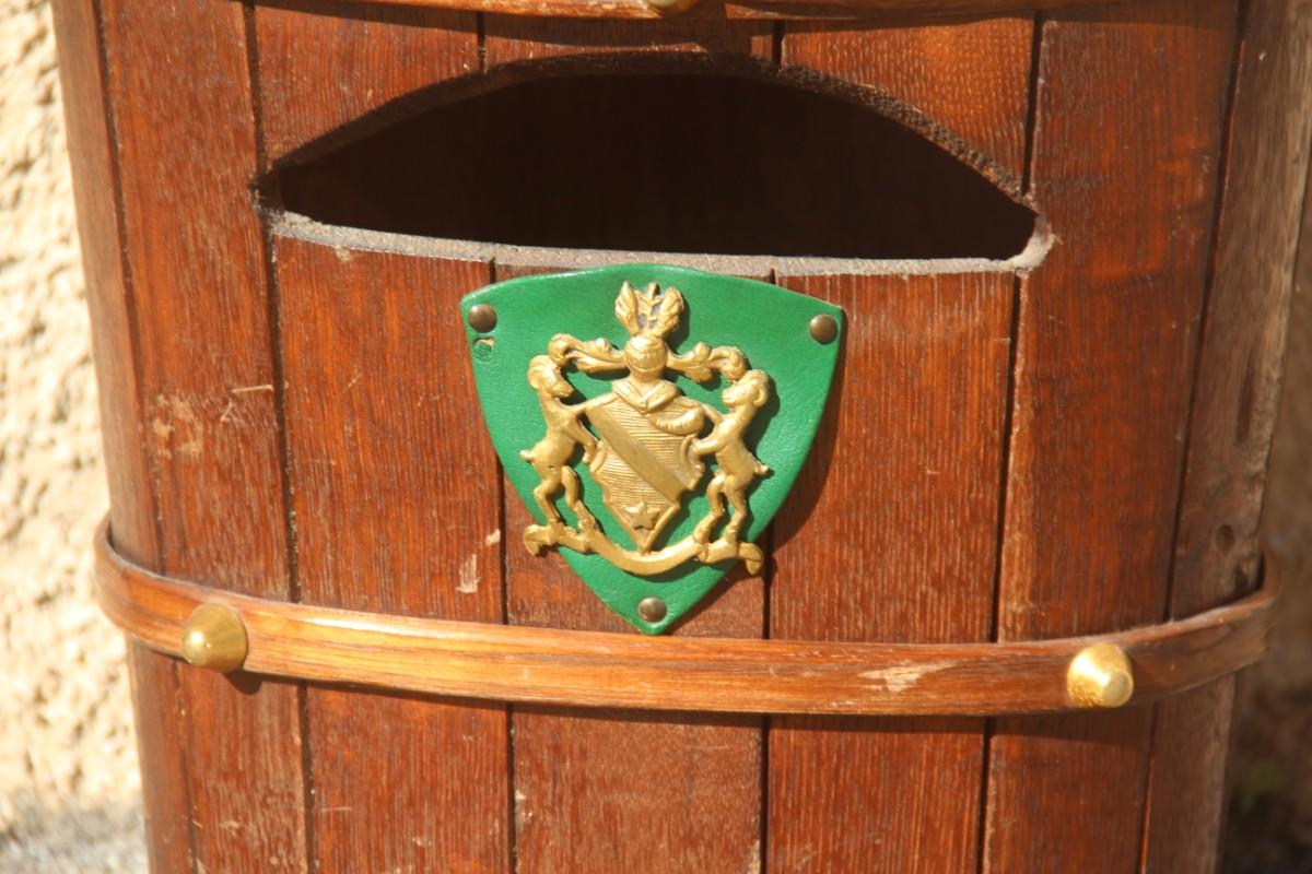 Old brown umbrella stand solid chestnut wood with studs coat arms brass midcentury.