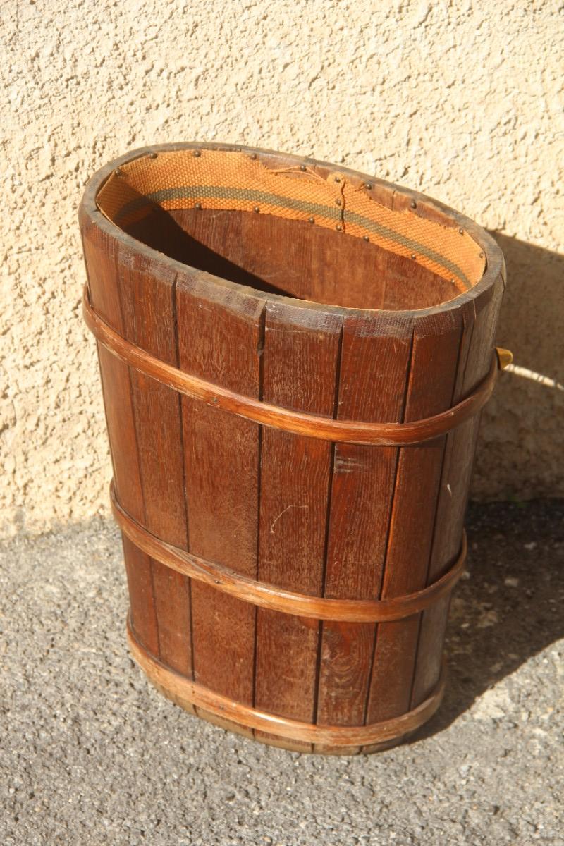 Italian Brown Umbrella Stand Solid Chestnut Wood with Studs Coat Arms Brass Midcentury For Sale