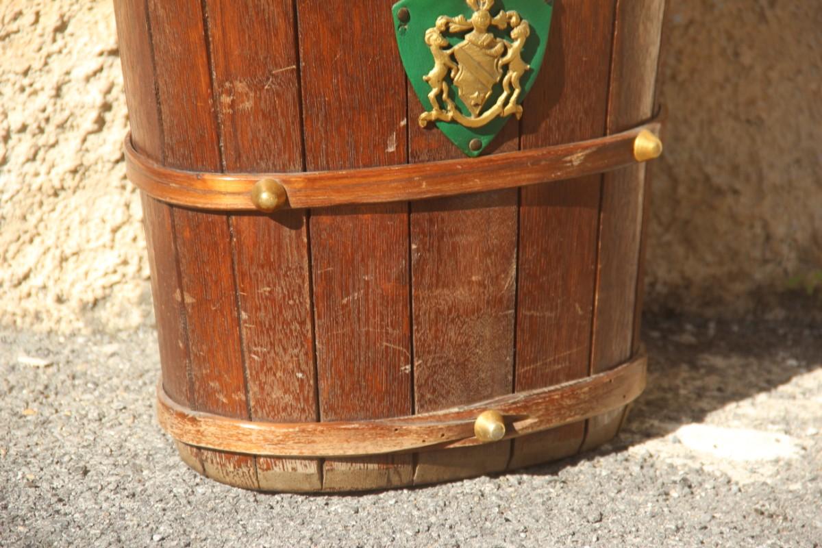 Mid-20th Century Brown Umbrella Stand Solid Chestnut Wood with Studs Coat Arms Brass Midcentury For Sale
