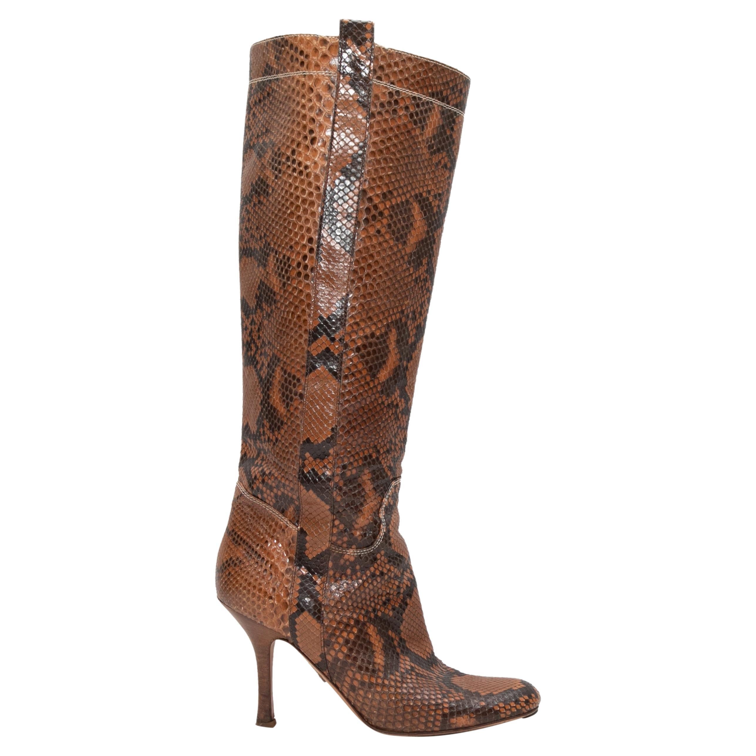 Brown Valentino Knee-High Snakeskin Boots Size 39 For Sale