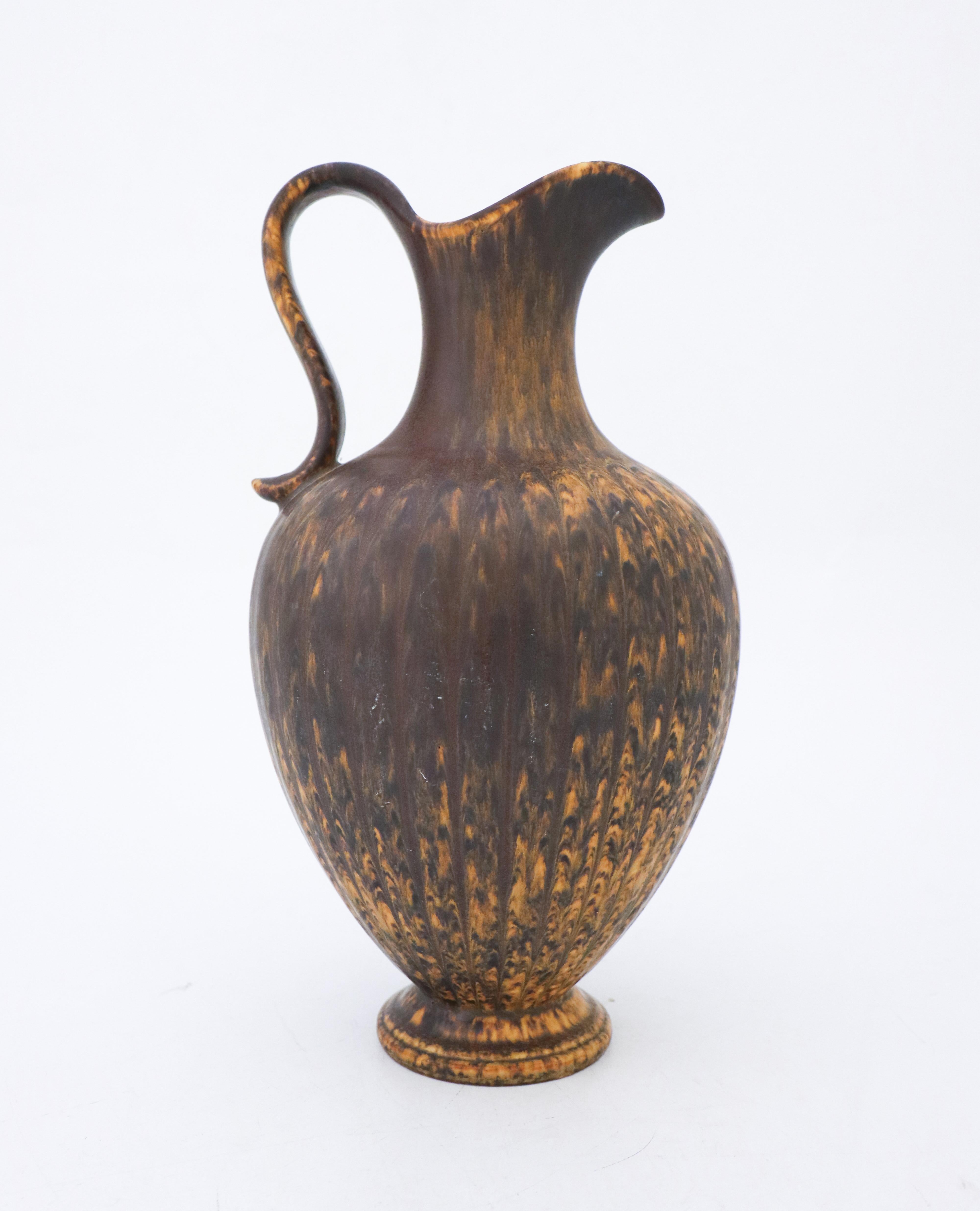Swedish Brown Vase with Handle, Gunnar Nylund, Rörstrand, 1950s, Mid Century Vintage For Sale