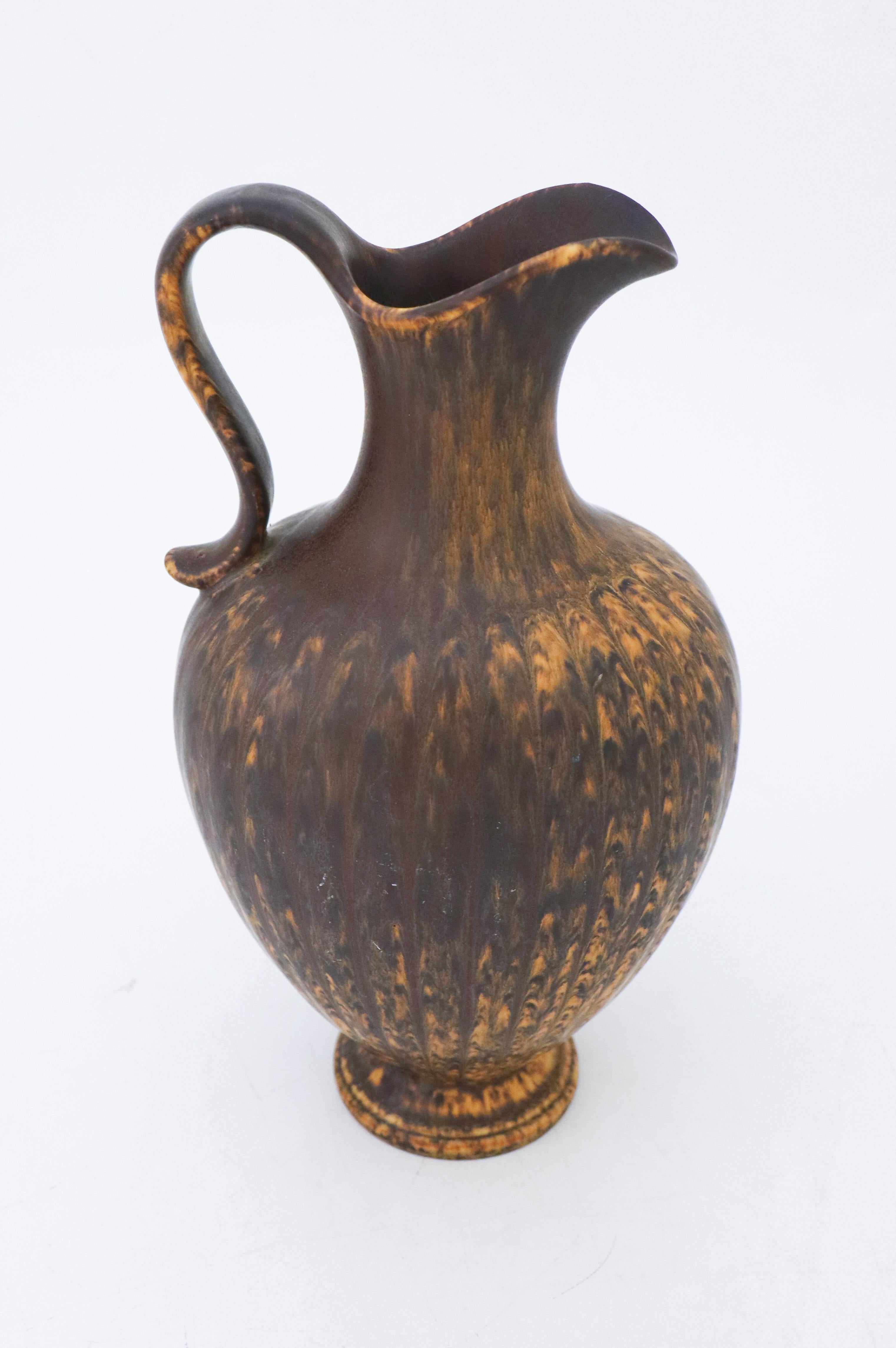 Glazed Brown Vase with Handle, Gunnar Nylund, Rörstrand, 1950s, Mid Century Vintage For Sale