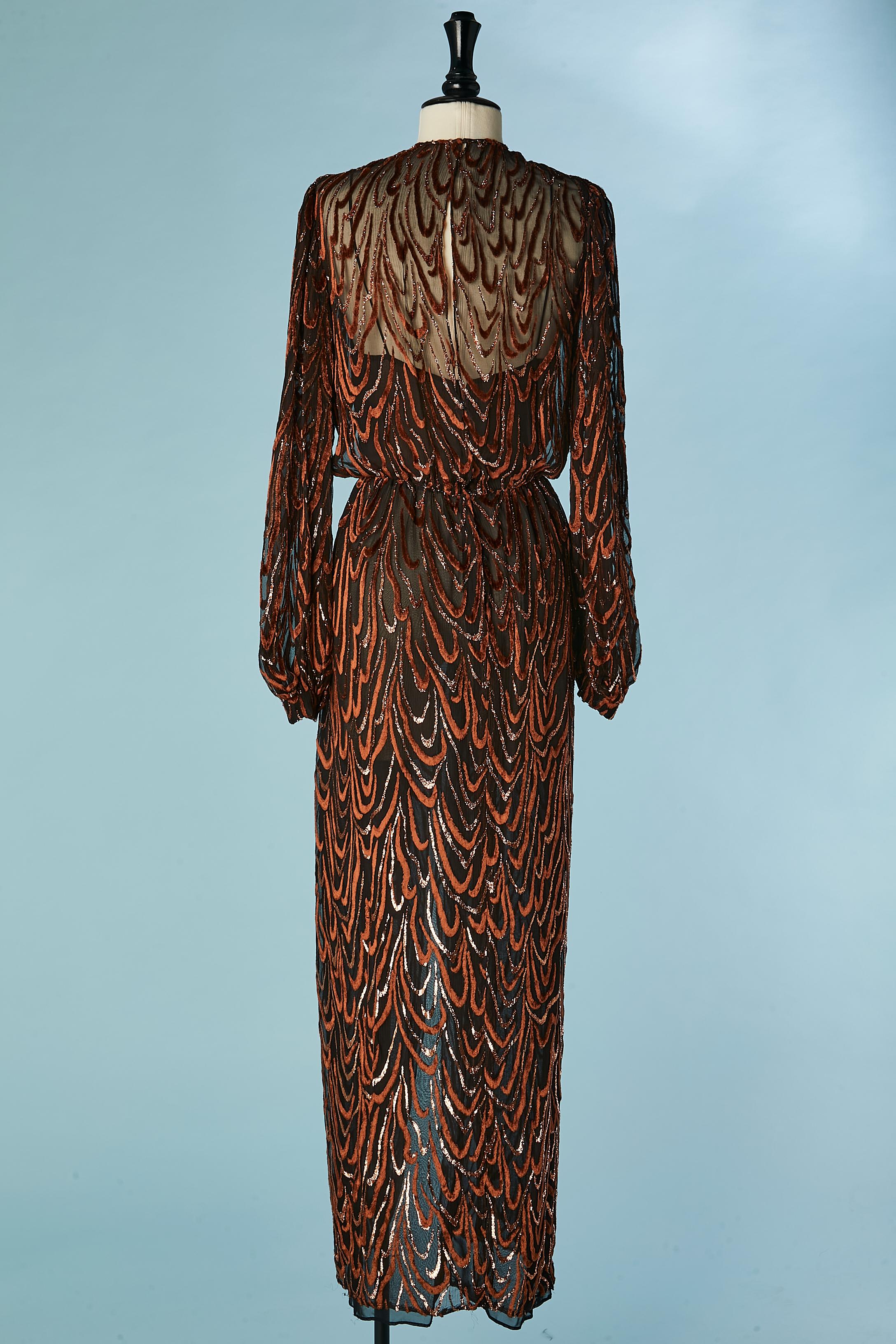 Brown velour dévoré and gold lurex evening dress Oscar de la Renta Circa 1970's  For Sale 3