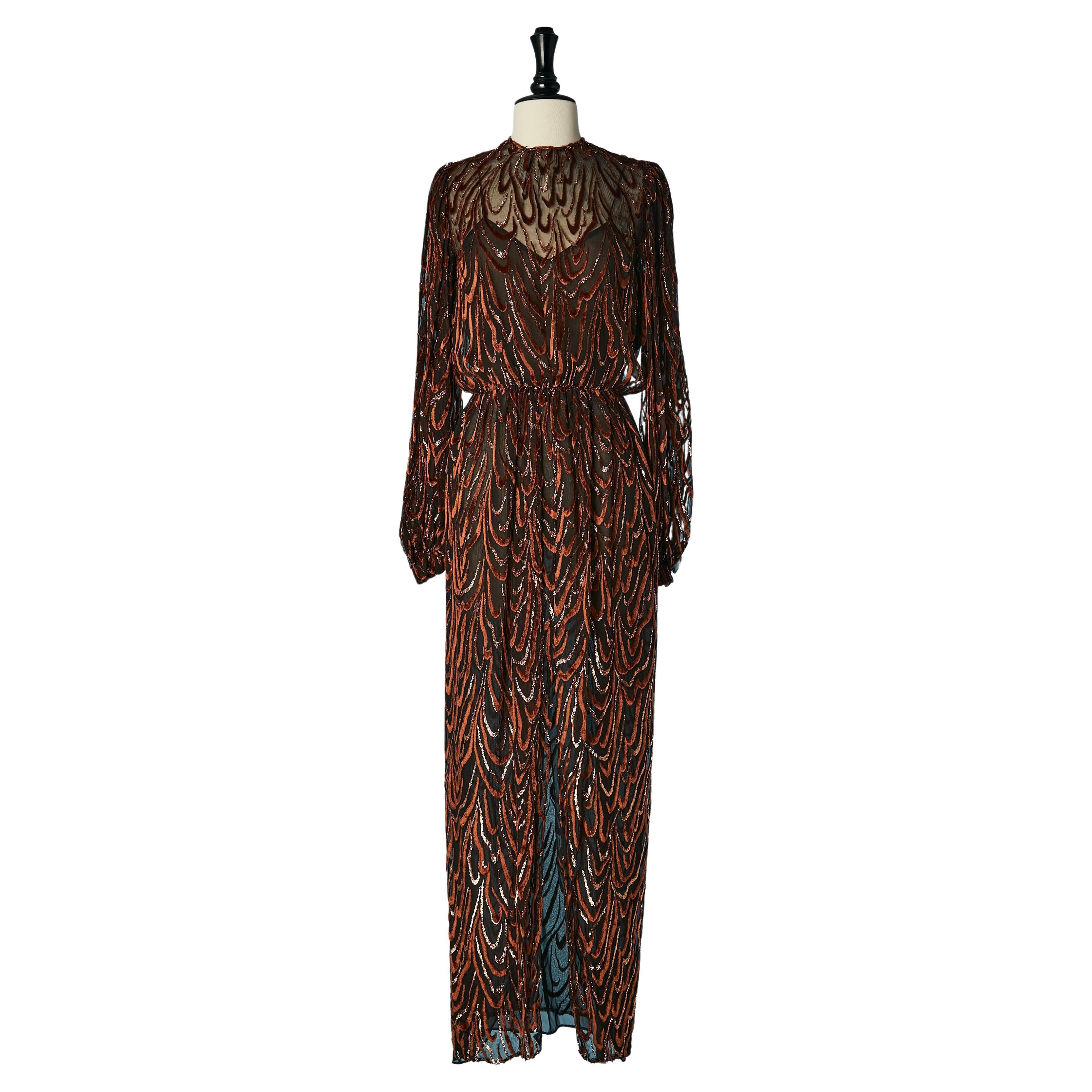 Robe du soir en velours Brown dévoré et lurex doré Oscar De La Renta Circa 1970's