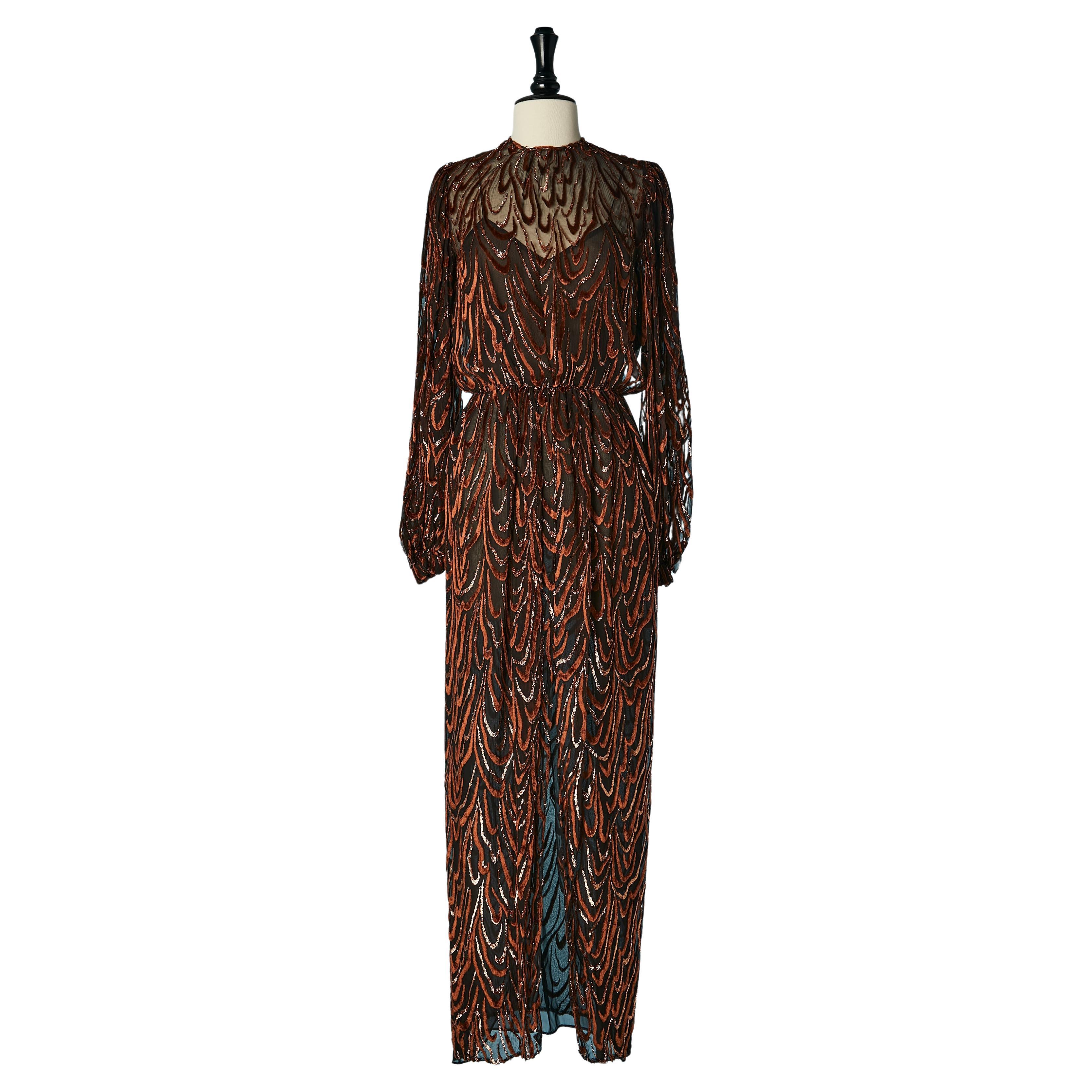 Brown velour dévoré and gold lurex evening dress Oscar de la Renta Circa 1970's  For Sale