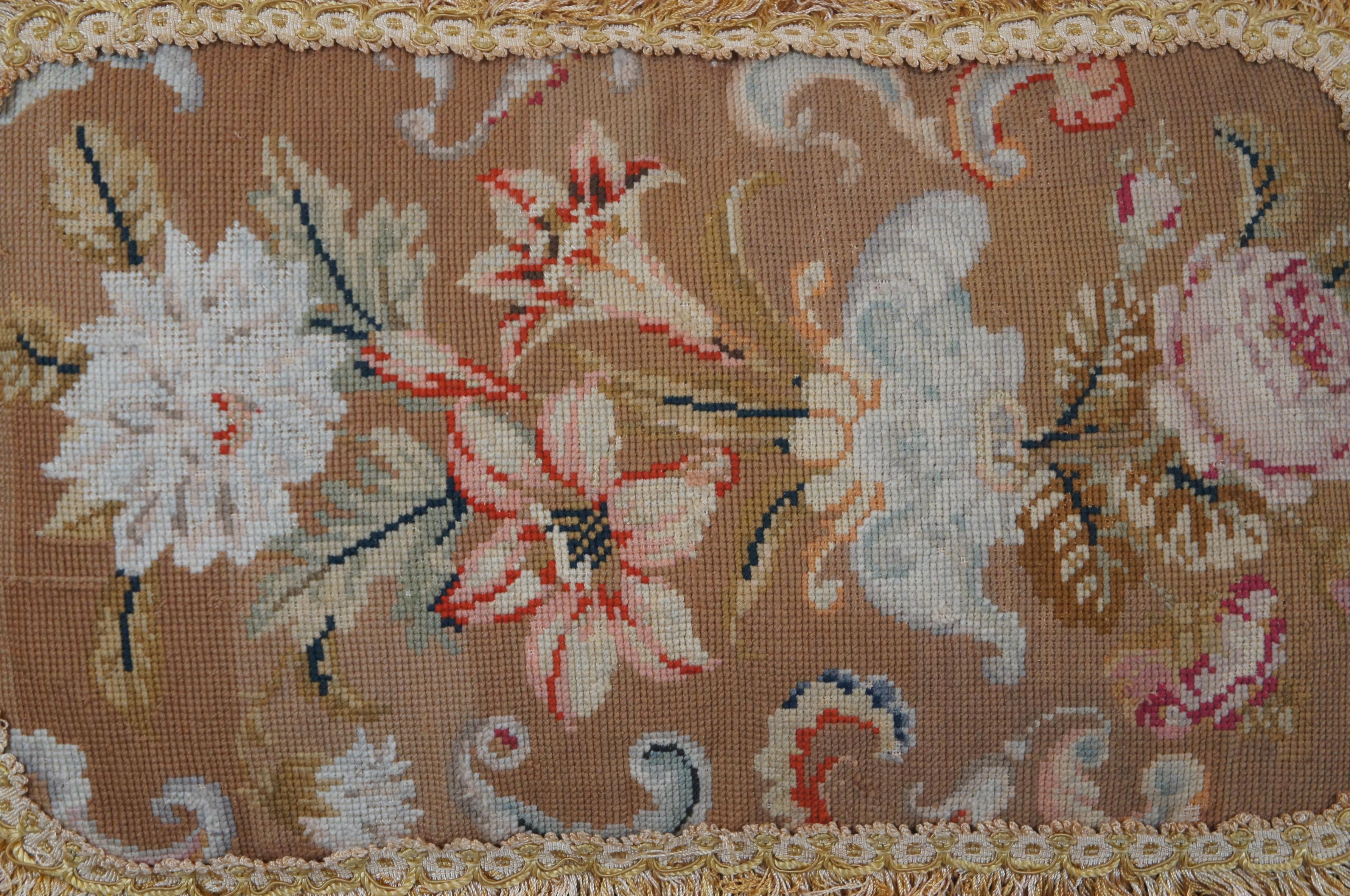 20th Century Brown Velour Velvet Floral Embroidered Needlepoint Lumbar Throw Pillow 13