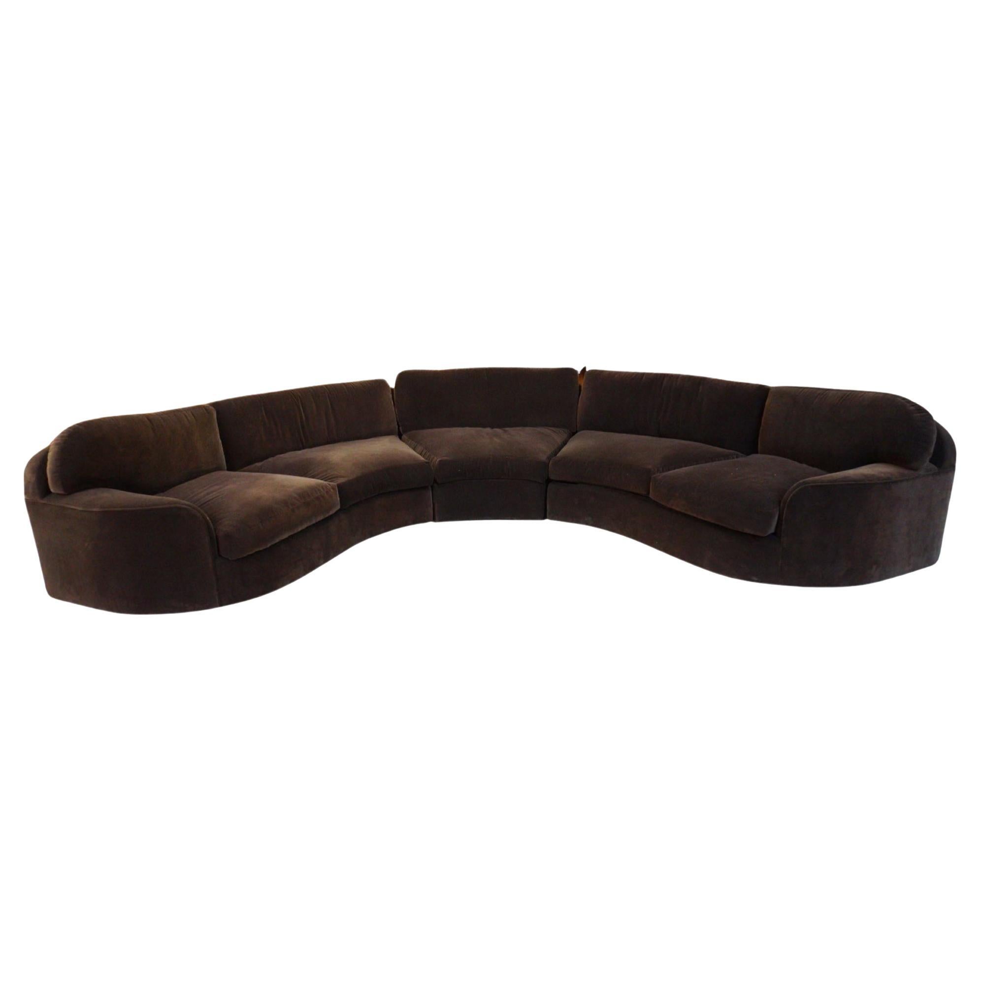 Brown Velvet Curved Sectional, 1980s