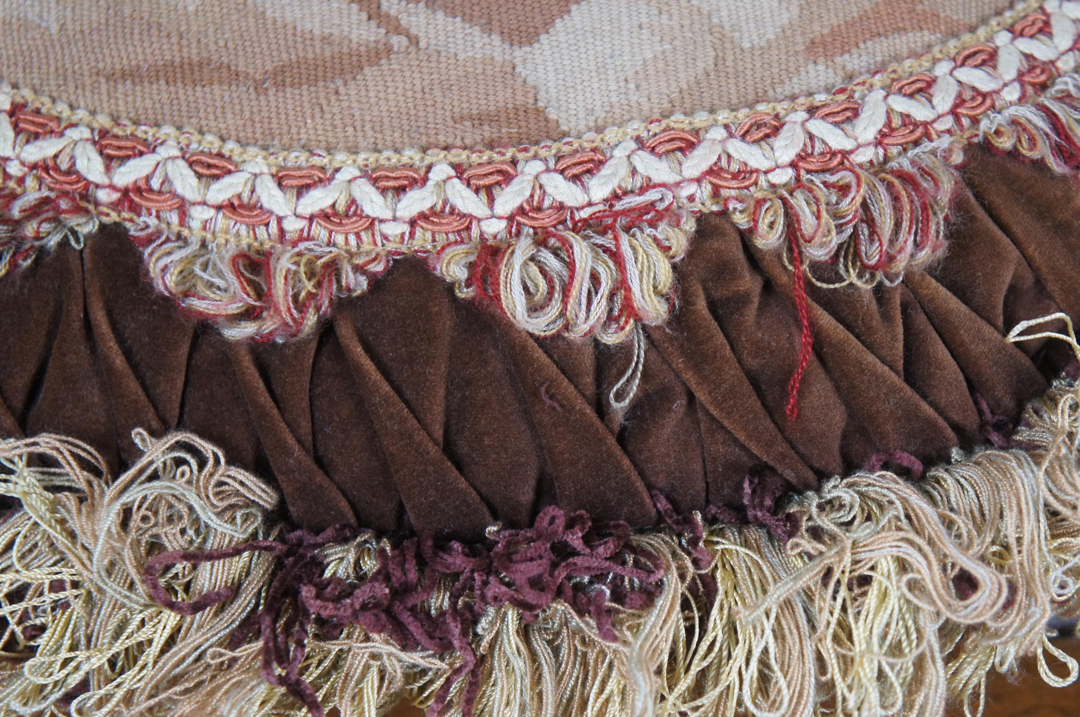 Textile Brown Velvet Floral Embroidered Round Lumbar Throw Pillow Cushion 16