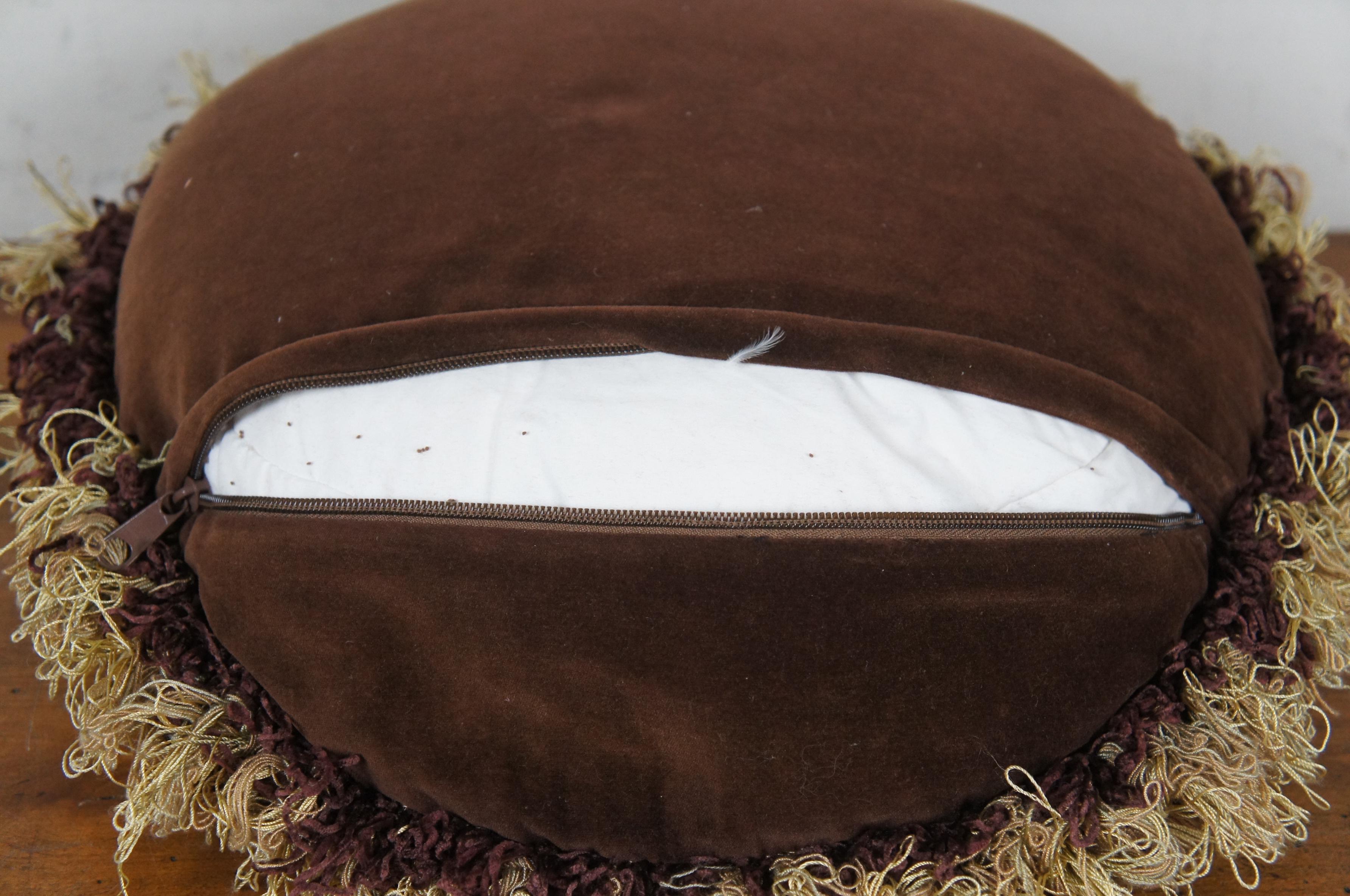 Brown Velvet Floral Embroidered Round Lumbar Throw Pillow Cushion 16