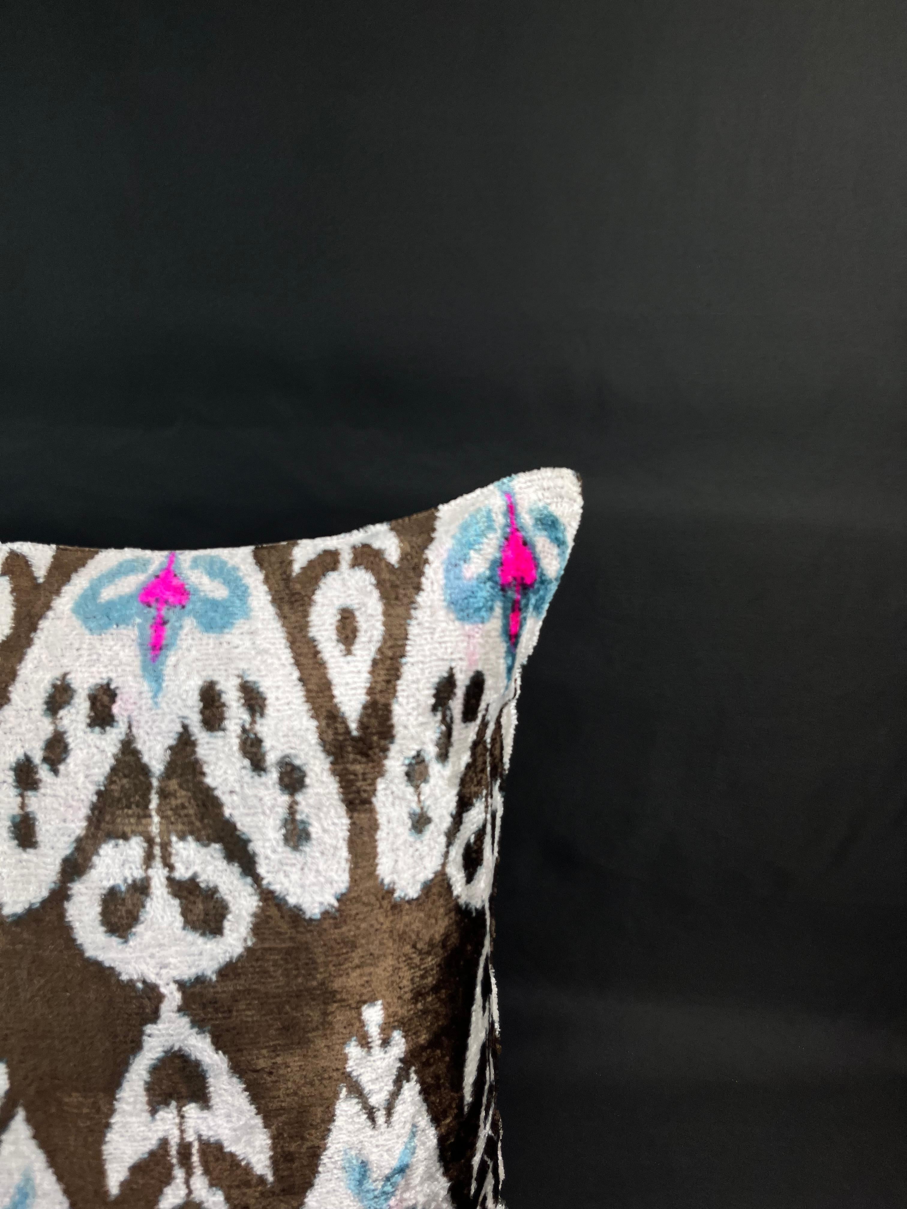 Modern Brown Velvet Silk Ikat Pillow Cover For Sale