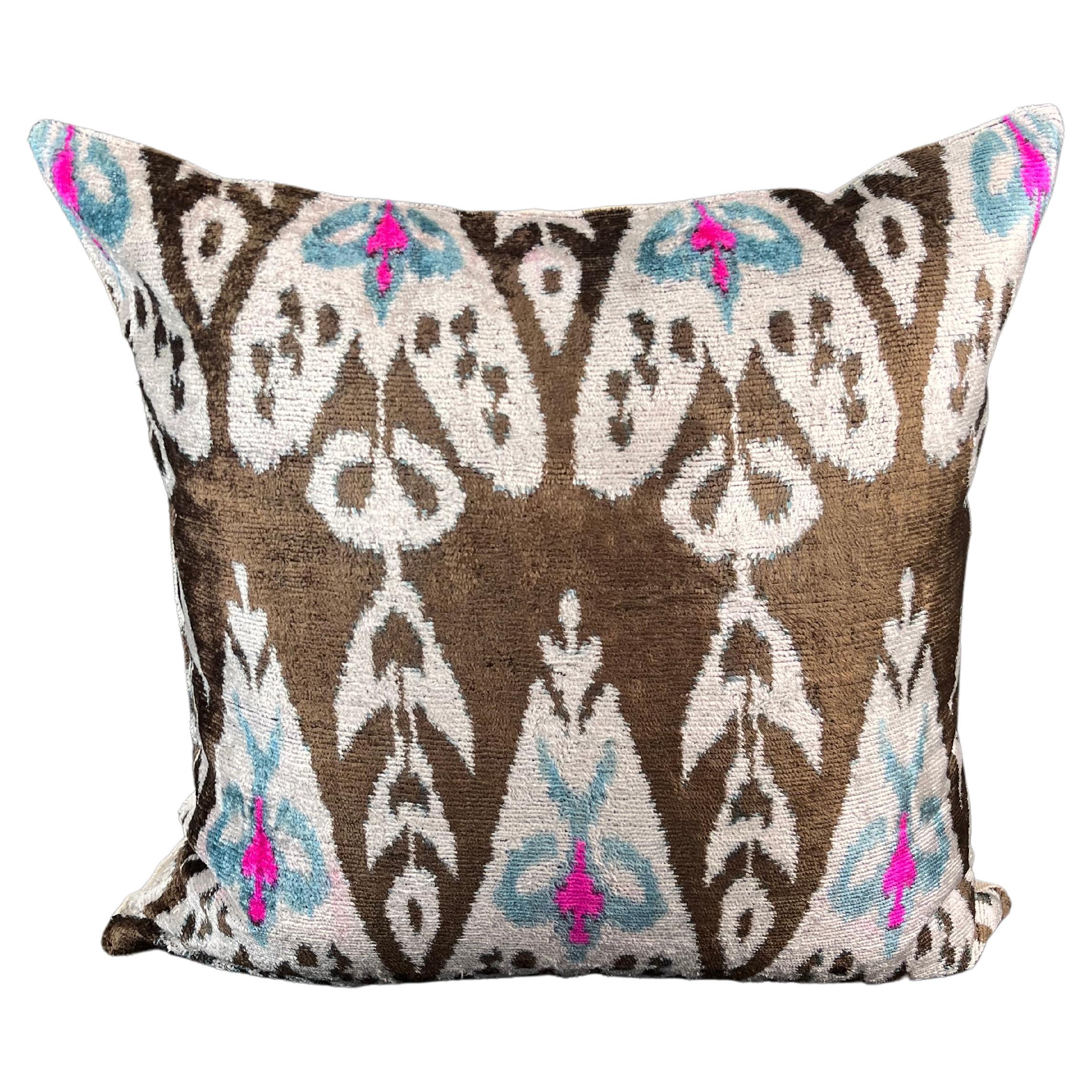 Brown Velvet Silk Ikat Pillow Cover For Sale