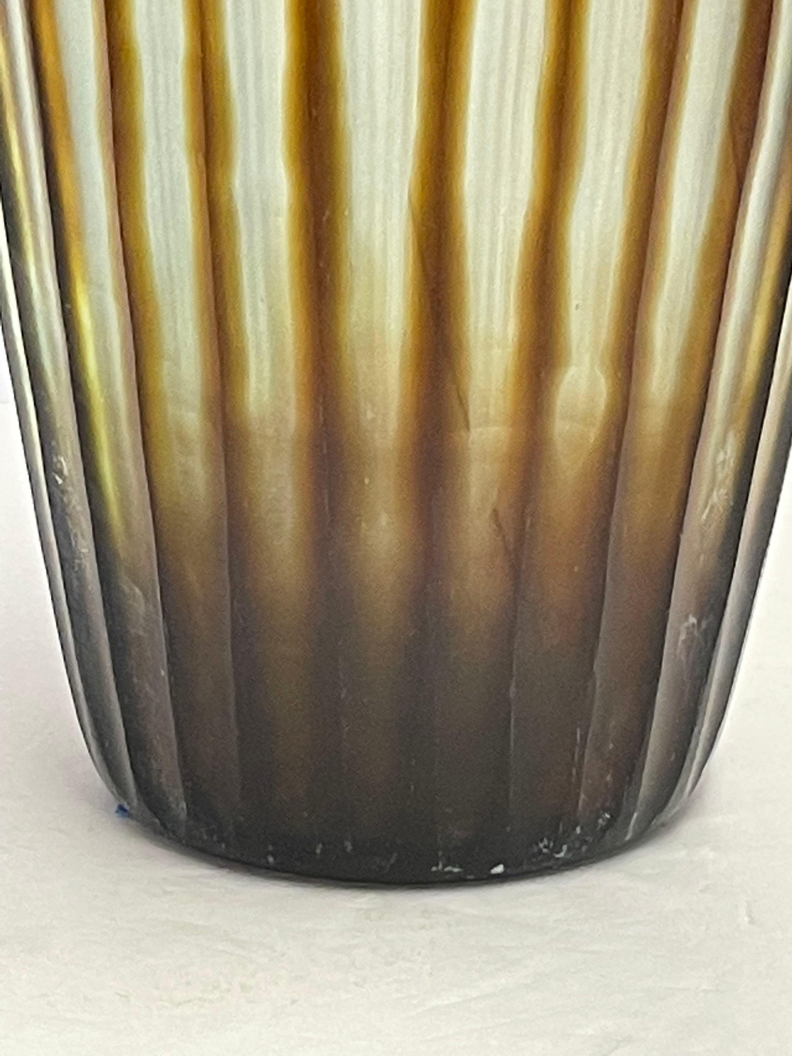 Romanian Brown Vertical Striped Glass Vase, Romania, Contemporary