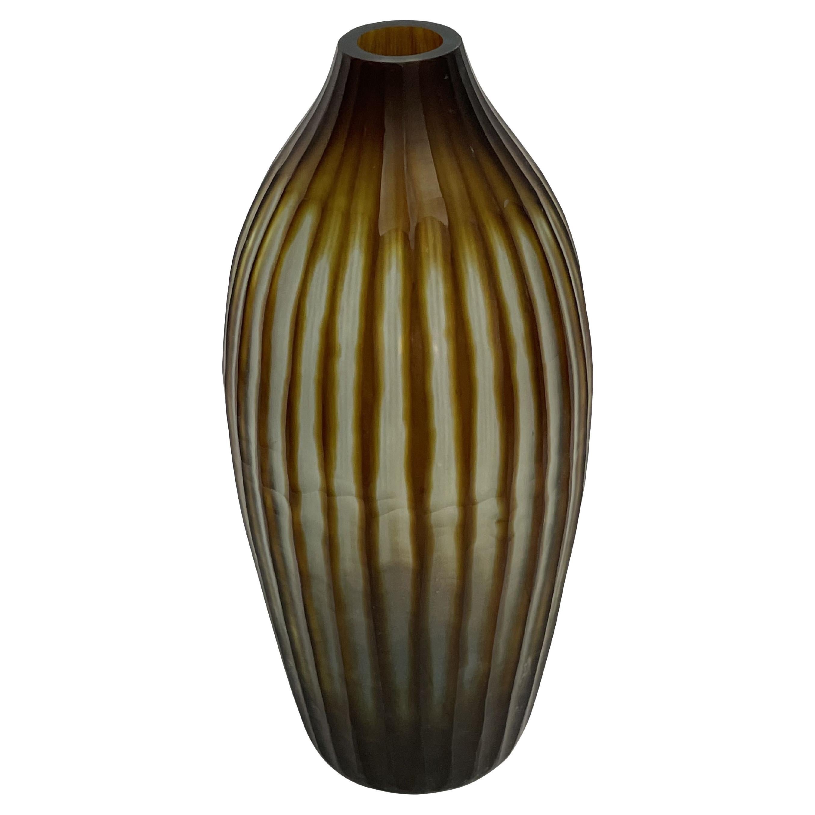 Brown Vertical Striped Glass Vase, Romania, Contemporary