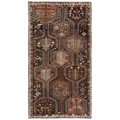 Brown Vintage and Distressed Colors Persian Shiraz Cropped Thin Handmade Rug