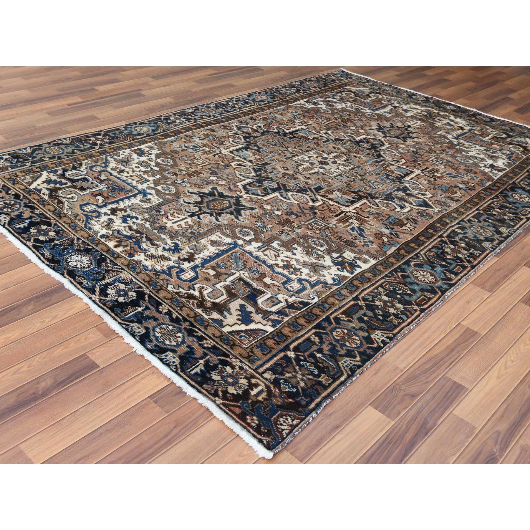 Hand-Knotted Brown Vintage and Worn Persian Heriz Hand Knotted Oriental Rug