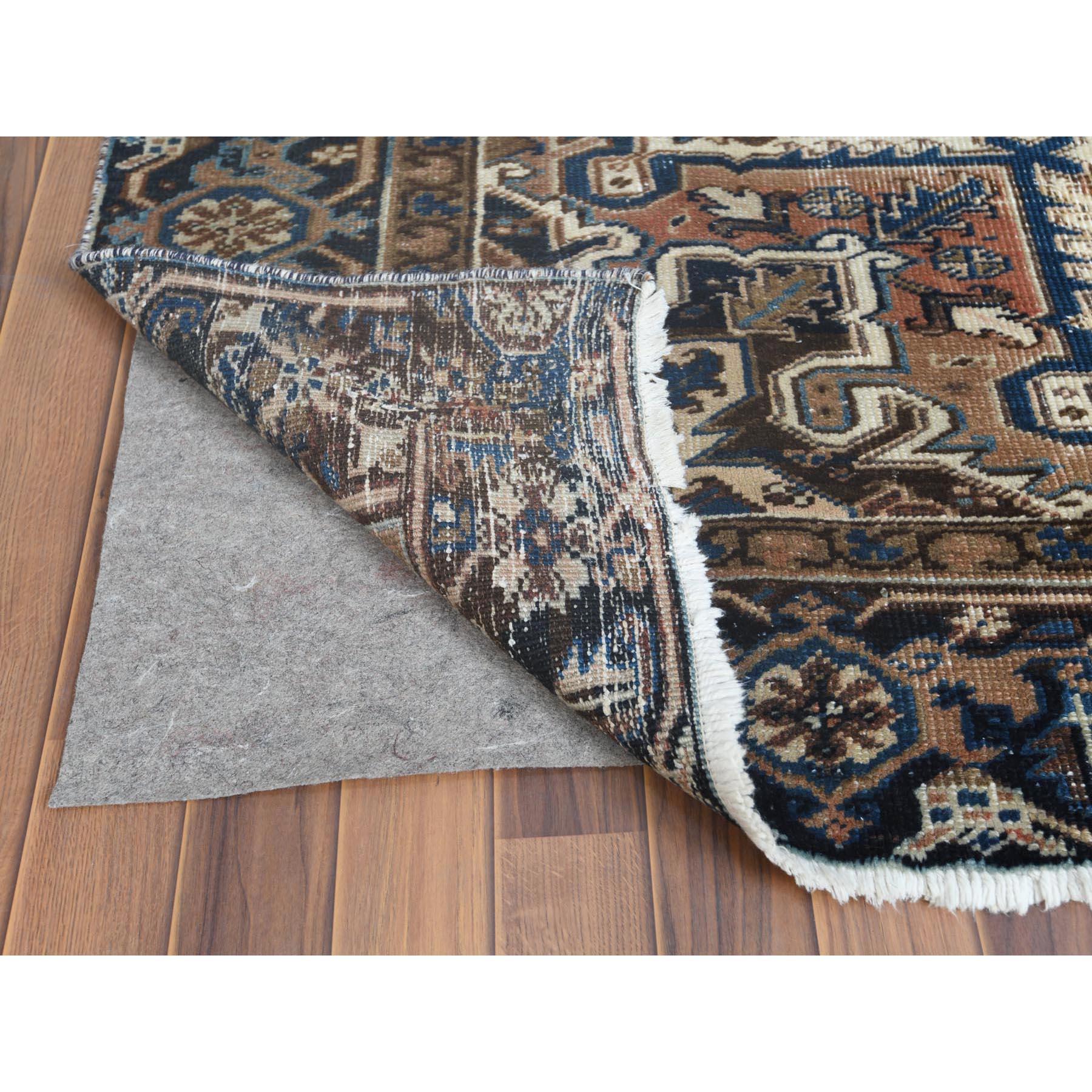 Brown Vintage and Worn Persian Heriz Hand Knotted Oriental Rug In Good Condition In Carlstadt, NJ