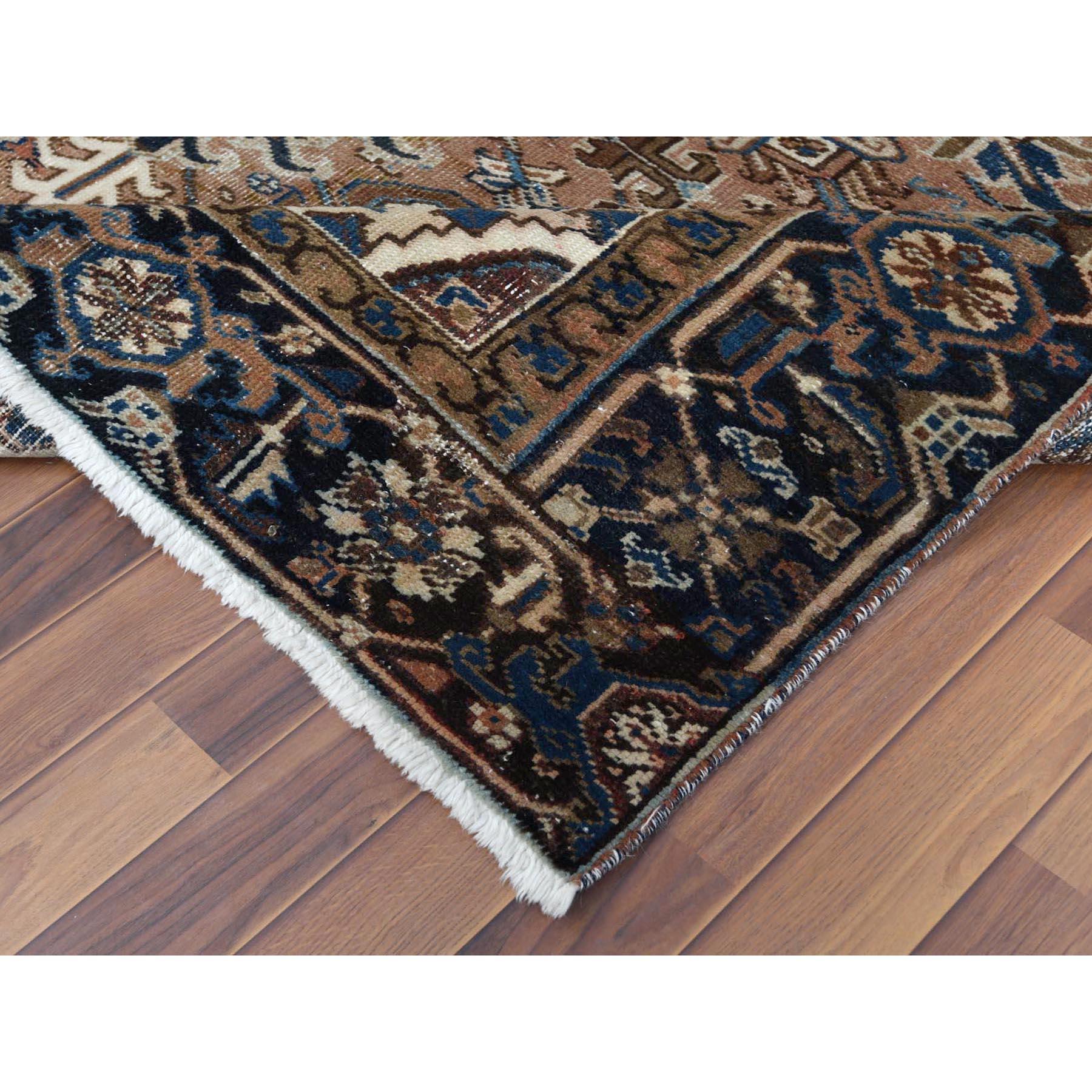 Wool Brown Vintage and Worn Persian Heriz Hand Knotted Oriental Rug