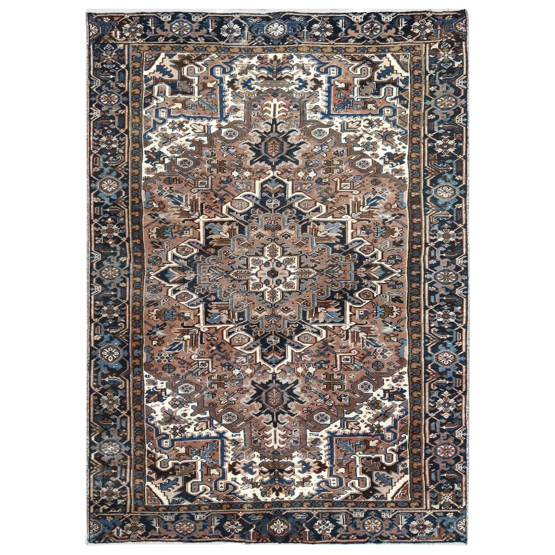 Brown Vintage and Worn Persian Heriz Hand Knotted Oriental Rug