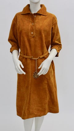 Brown Vintage Belted Suede Leather Dress Ve-Bo 1970s