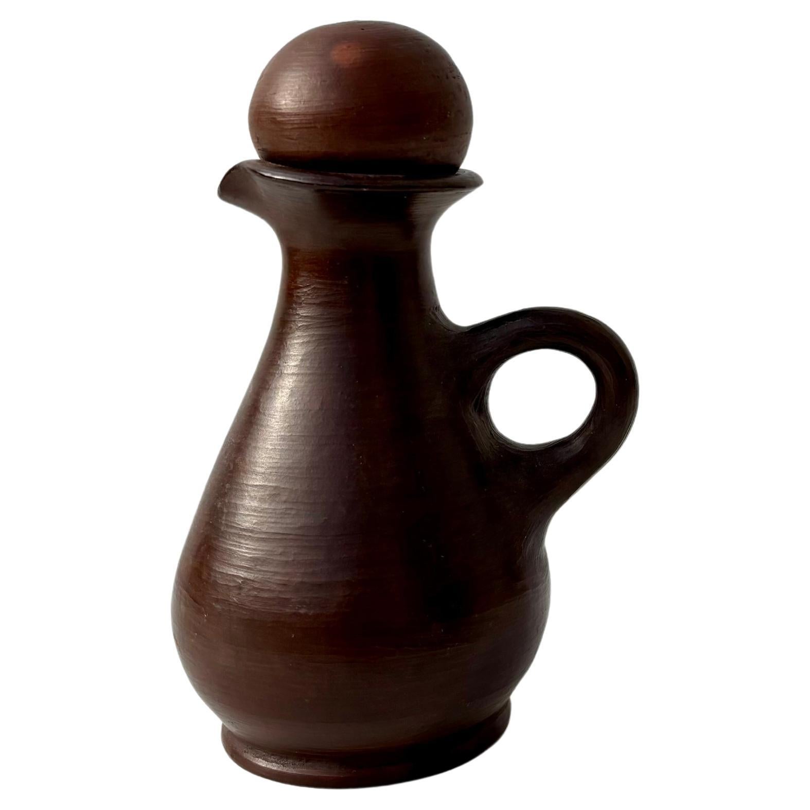 Brocca in ceramica vintage marrone con coperchio a globo, anni '60