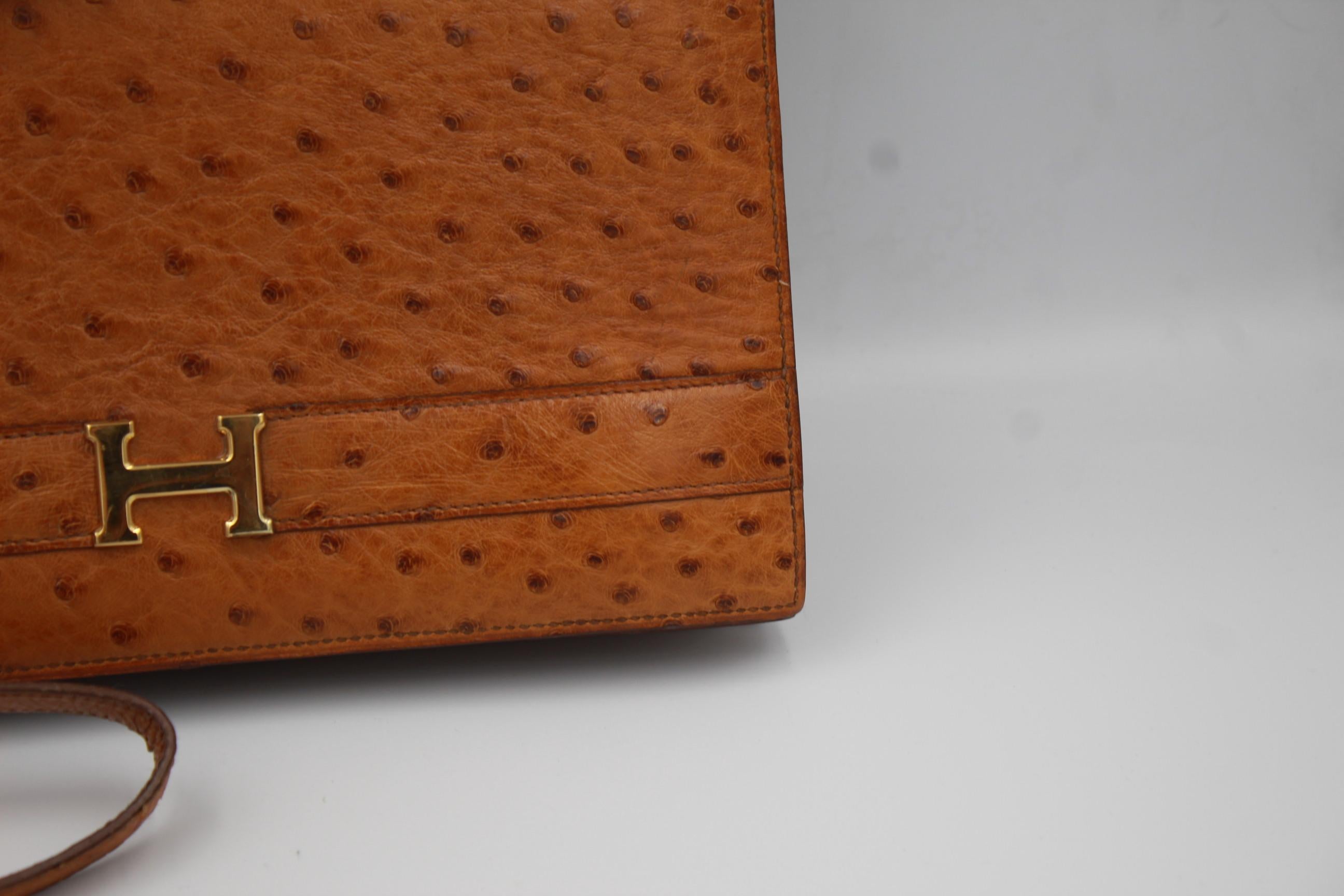 Rare Hermes vintage 'Annie' clutch bag in ostrich leather. Good vintage condition, some signs of wear in the clasp. Can be worn as a bag or as a clutch