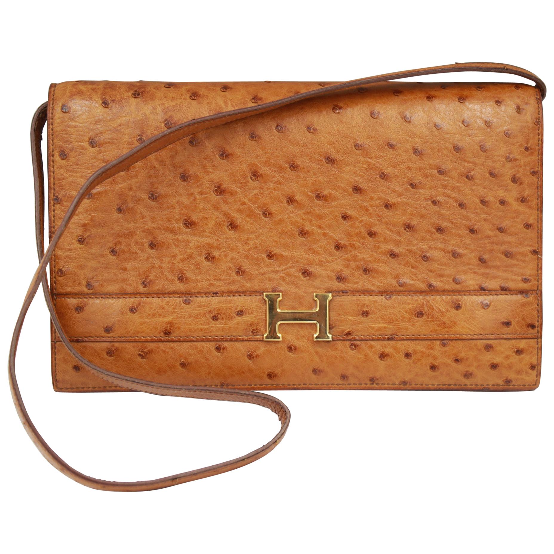 Brown Vintage Hermes Annie Shoulder Bag / Clutch in Ostrich Leather
