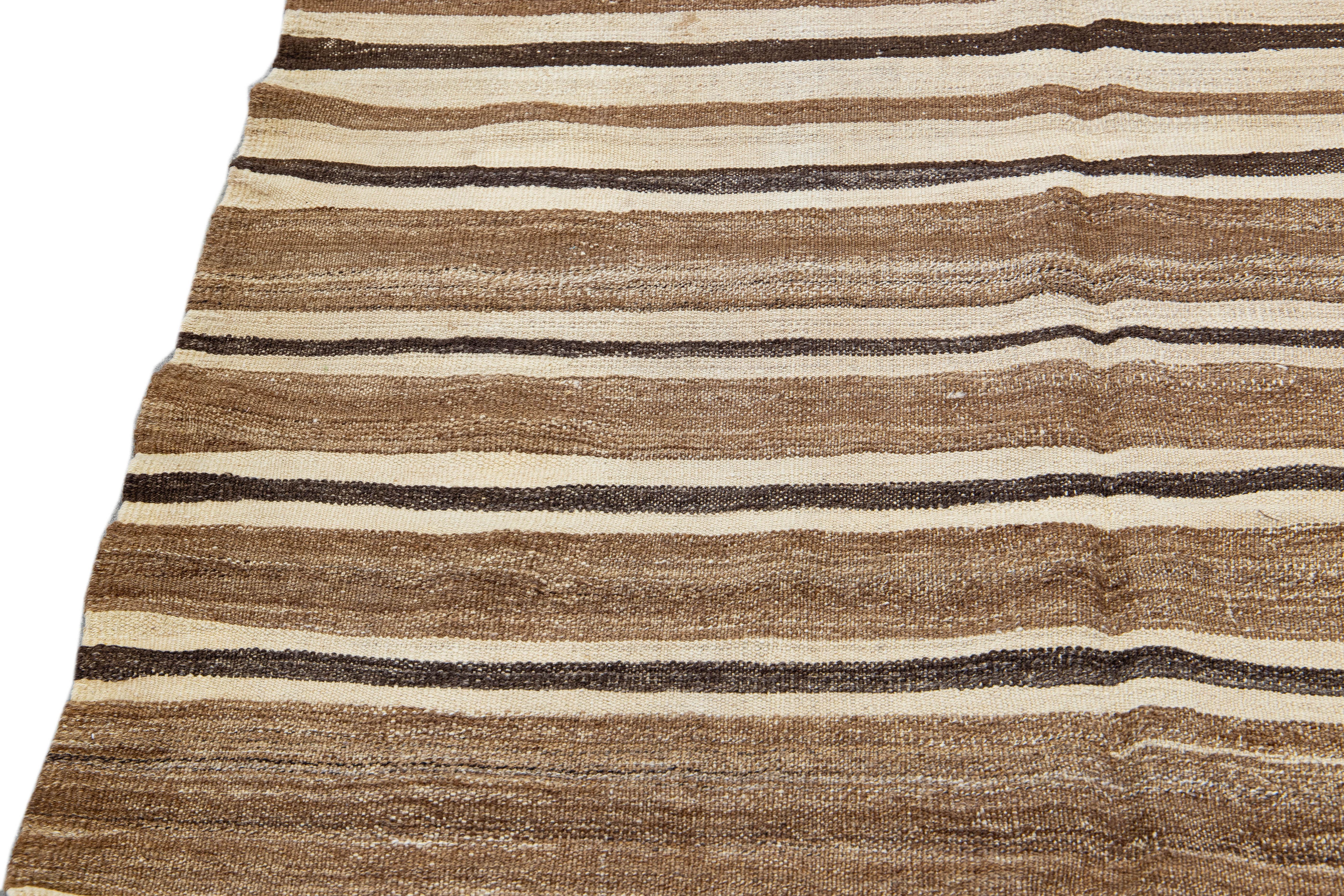 Brown Vintage Kilim Handmade Flatweave Striped Motif Wool Rug 4