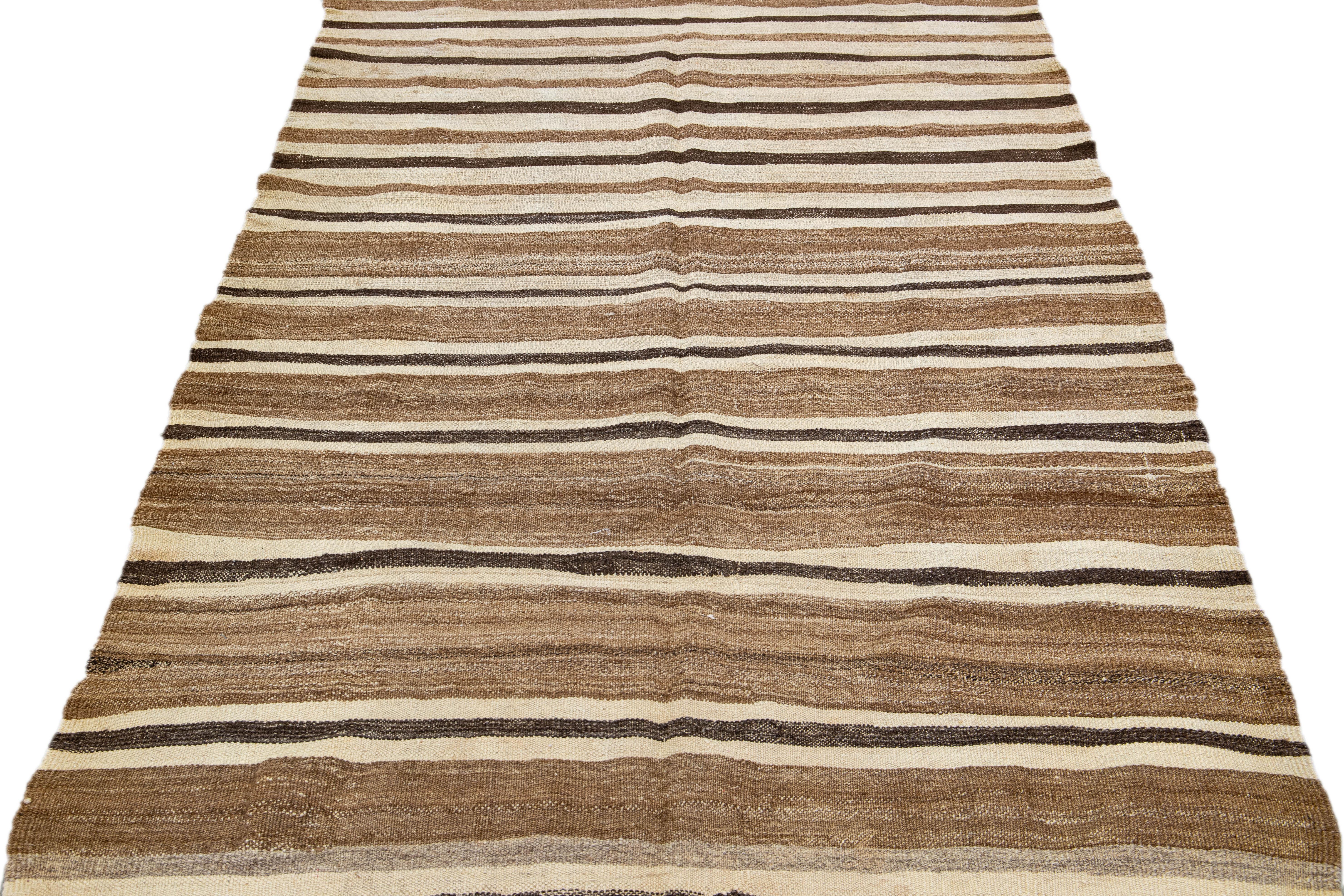 Turkish Brown Vintage Kilim Handmade Flatweave Striped Motif Wool Rug