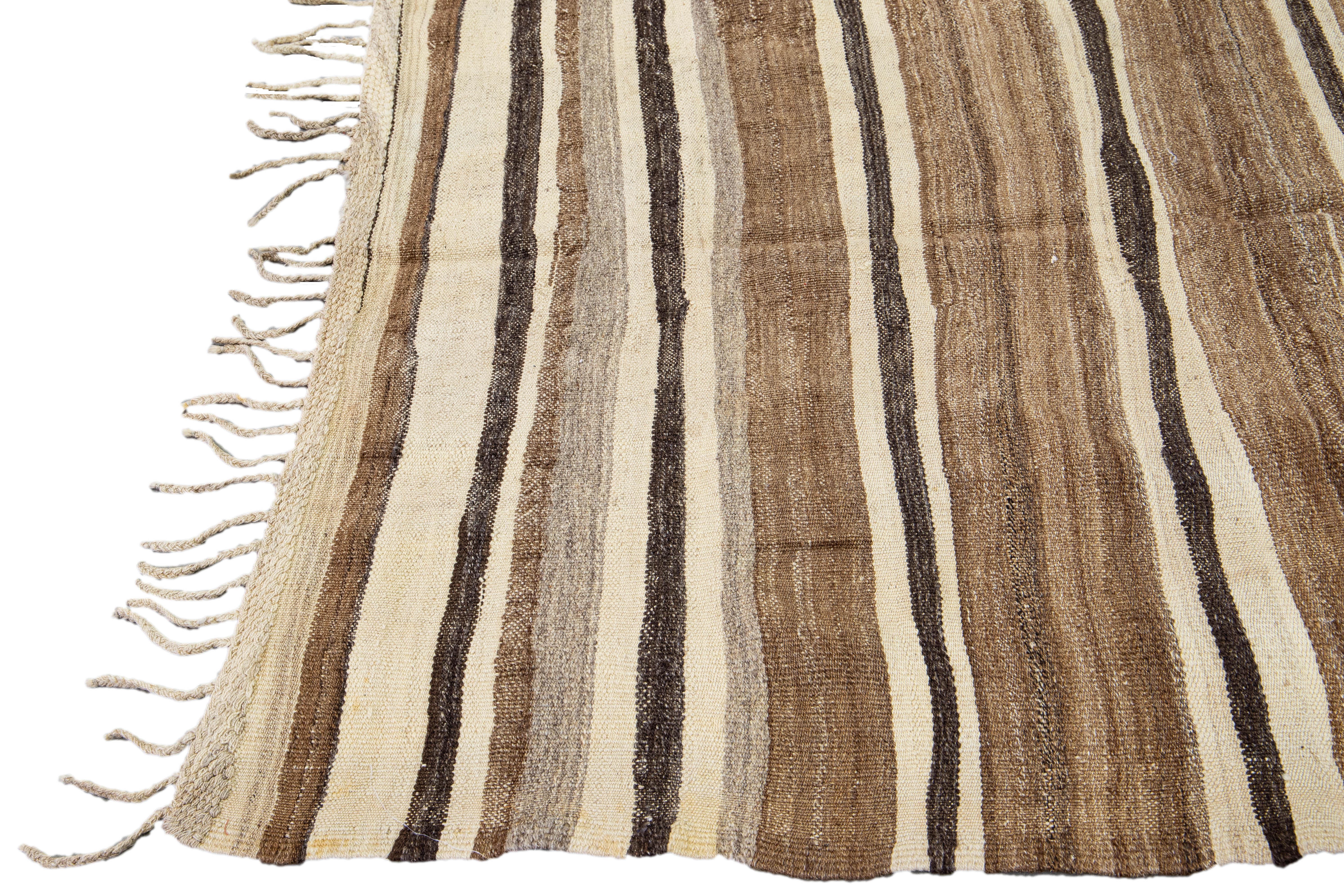 Hand-Knotted Brown Vintage Kilim Handmade Flatweave Striped Motif Wool Rug